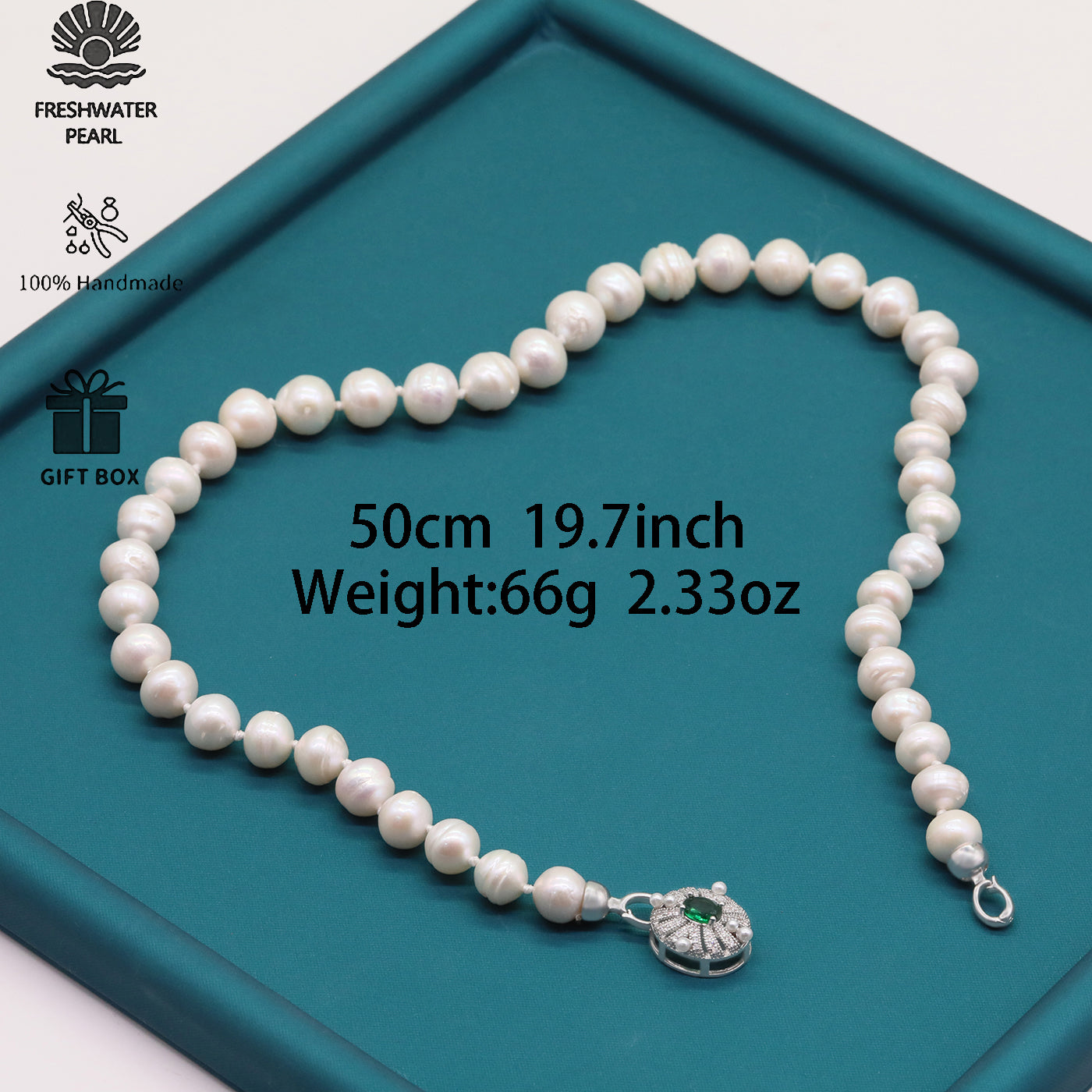 Exquisite 19.7inch long white Baroque natural Freshwater Pearl necklace Handmade fresh water pearl necklace with silver turquoise buckle, unique Christmas, Valentine's Day and Thanksgiving holiday gift, with gift box, perfect for everydayand party
