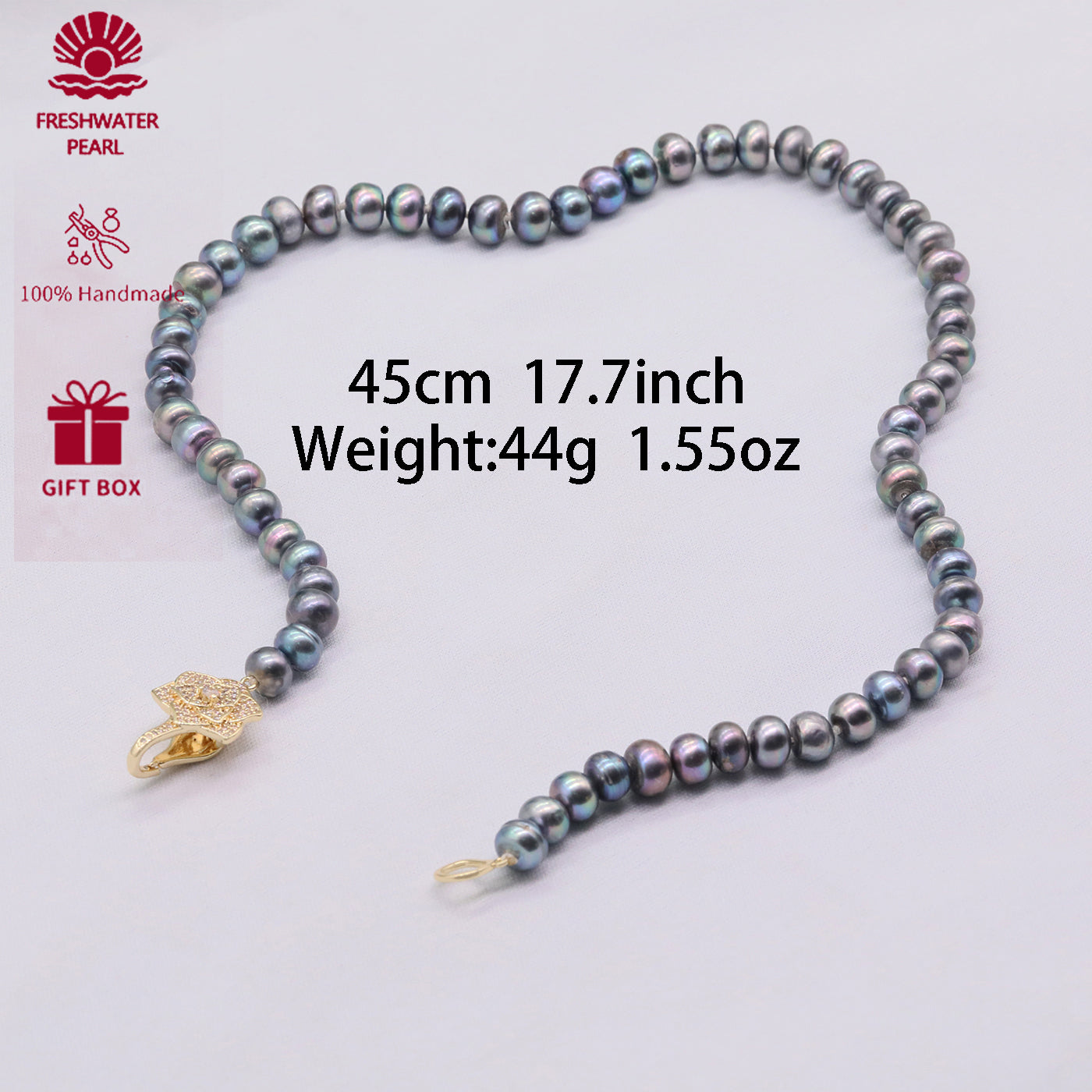 100% handmade men's and women's 8-9mm grey natural Freshwater Pearl Necklace Elegant Freshwater Pearl necklace with flower clapper perfect for Christmas, Valentine's Day gifts, attached gift box, perfect for everyday, wedding, anniversary