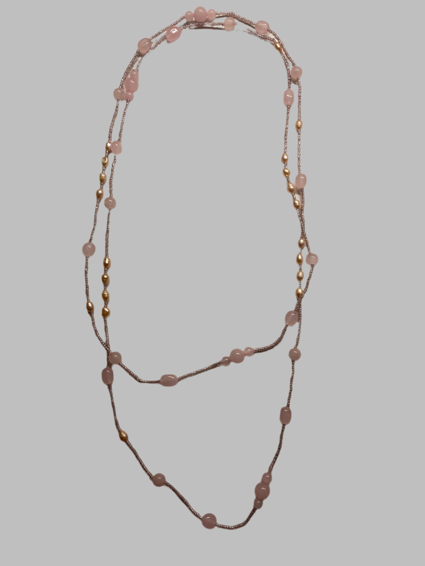 XL-2412PINK-03 ROSE QUARTDZ PINK FRESHWATER PEARL LONG NECKLACE