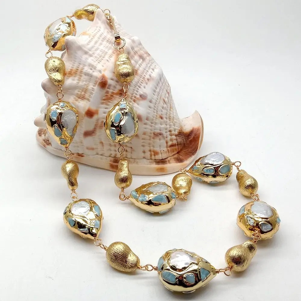 Cultured pearl and larimar chip necklace with gold brushings 24 inch
