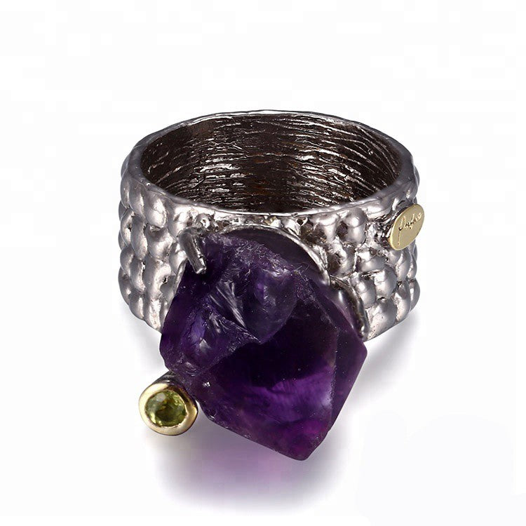 Rough genuine Amethyst stone set in handmade Sterling silver Ring - Providence silver gold jewelry usa