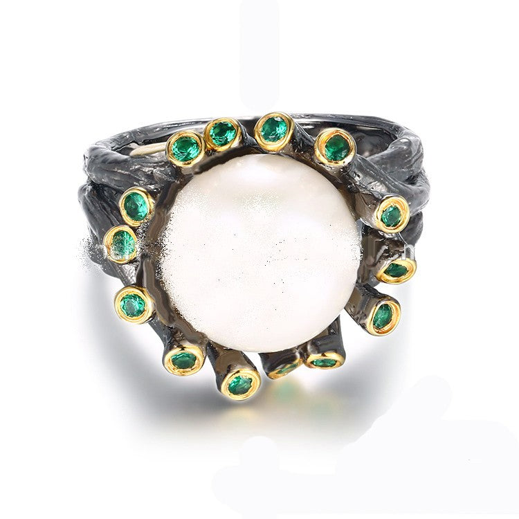 Pearl dome .925 silver ring with Green Spinel accent stones - Providence silver gold jewelry usa