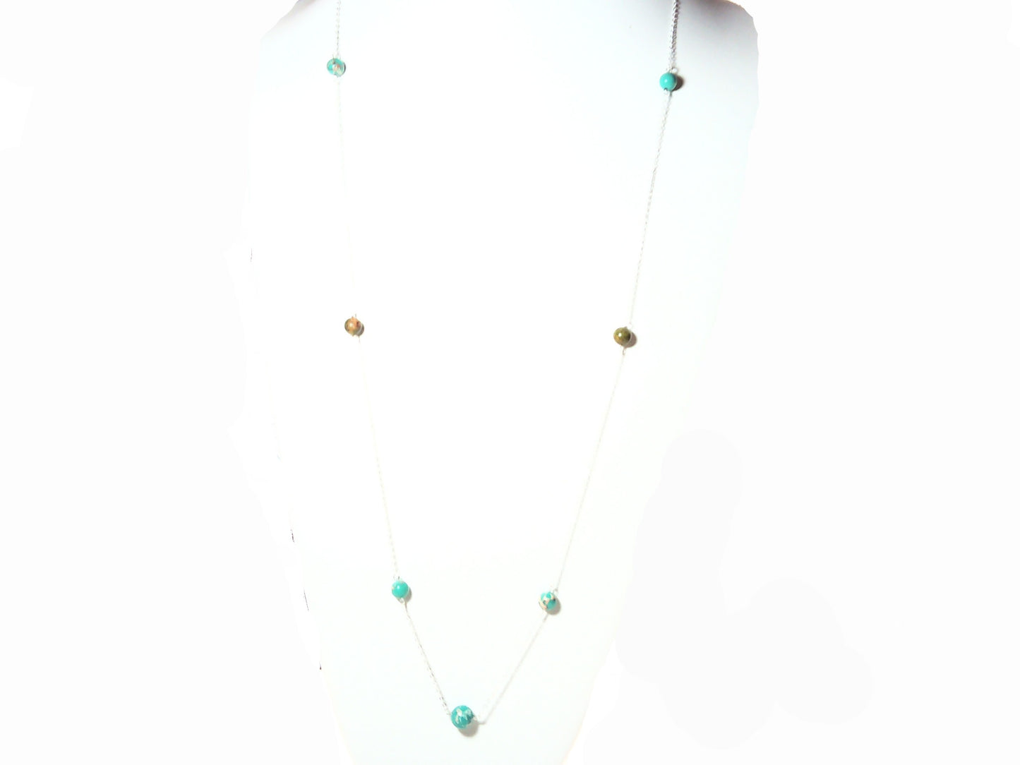 Genuine turquoise and Kambra jasper stone necklace made with sterling silver chain 36 inches. - Providence silver gold jewelry usa