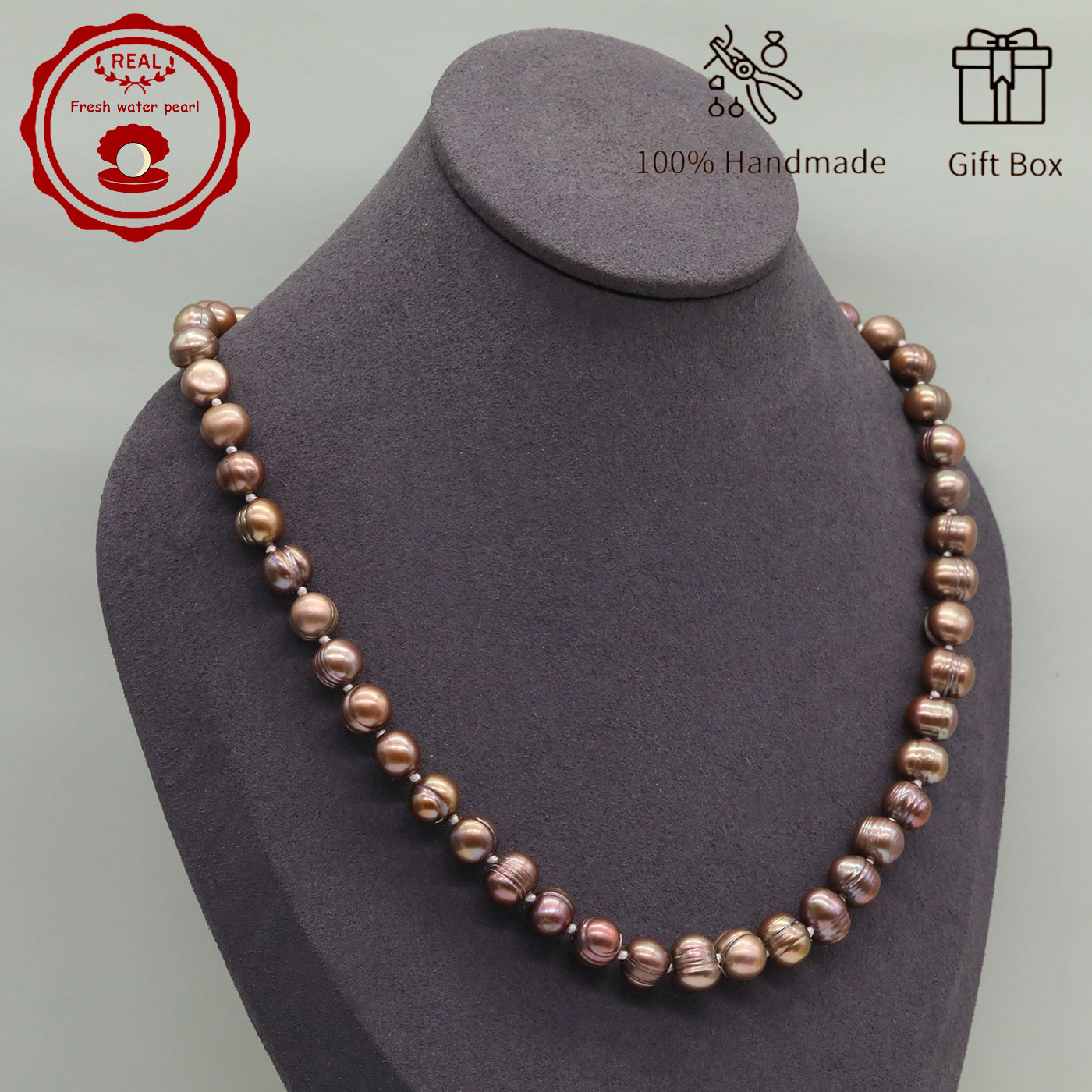 Luxurious 19.7inch long brown colored natural Freshwater Pearl with silver plated diamond button 100% handmade stylish 9mm natural freshwater pearl necklace with gift box perfect for everyday, wedding, birthday parties and anniversaries