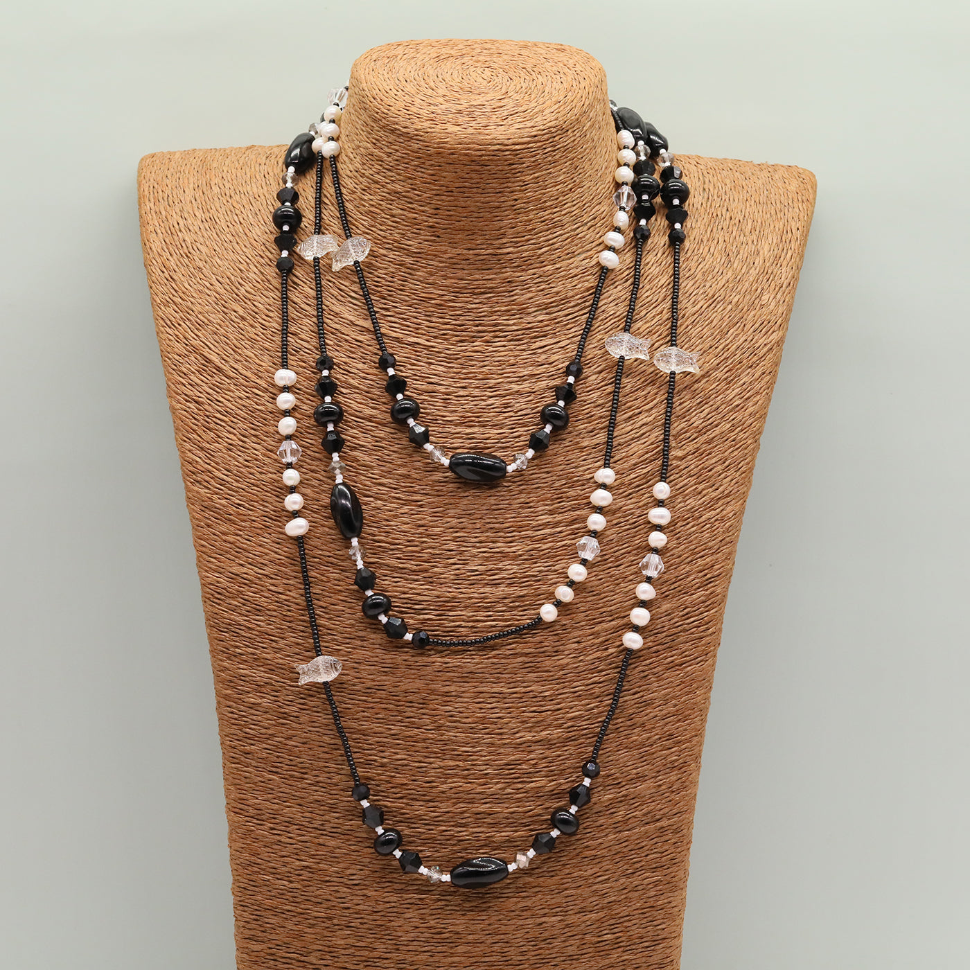 100% handmade black and white stone with natural freshwater Pearl long necklace Boho style Handmade long necklace with small fish pendant Fashion sweater chain  Suitable for  Valentine's Day【NK-XL2501Black-02】