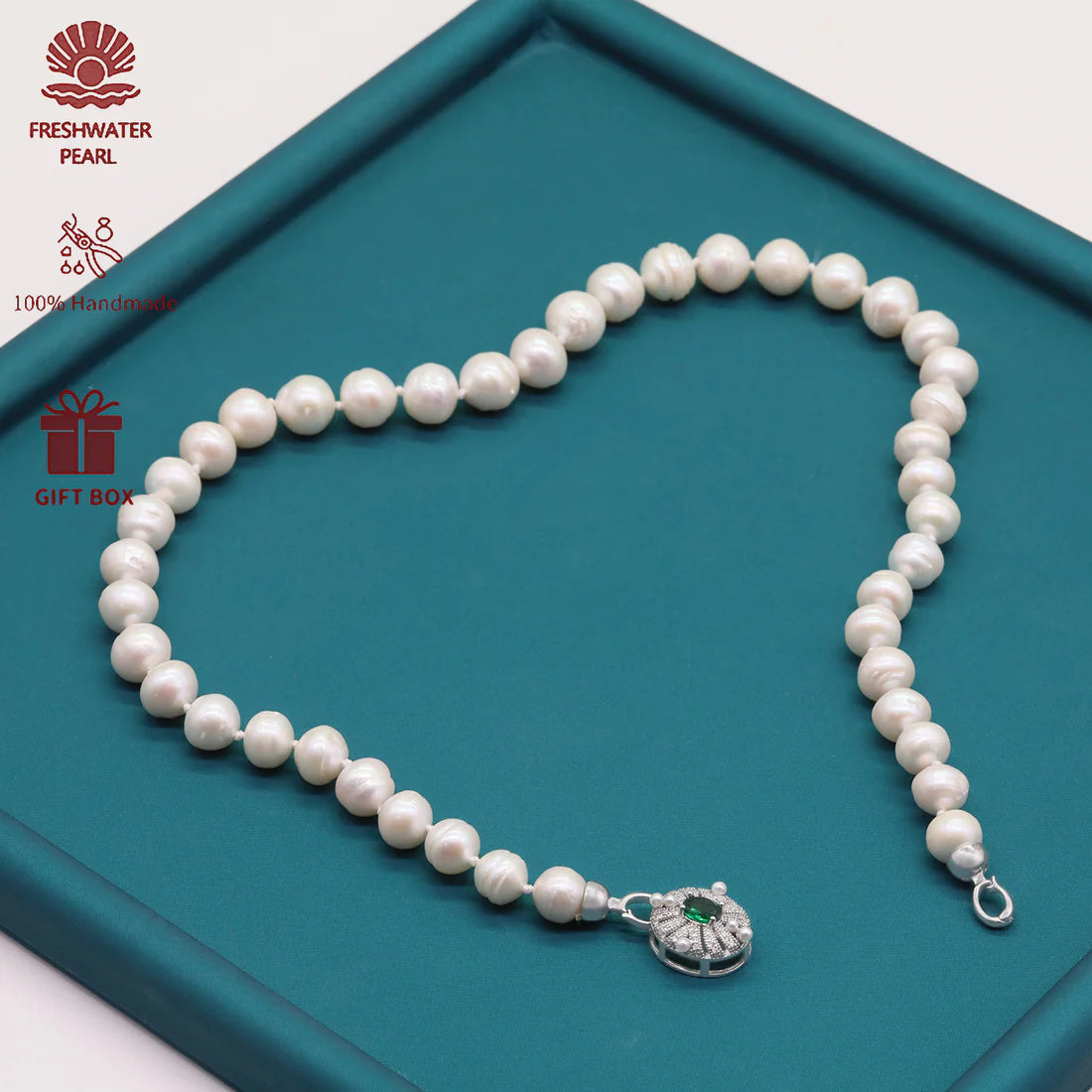 XL-2412WHITE-01  LARGE FRESHWATER 11MM PEARL NECKLACE WITH GREEN STONE CLASP