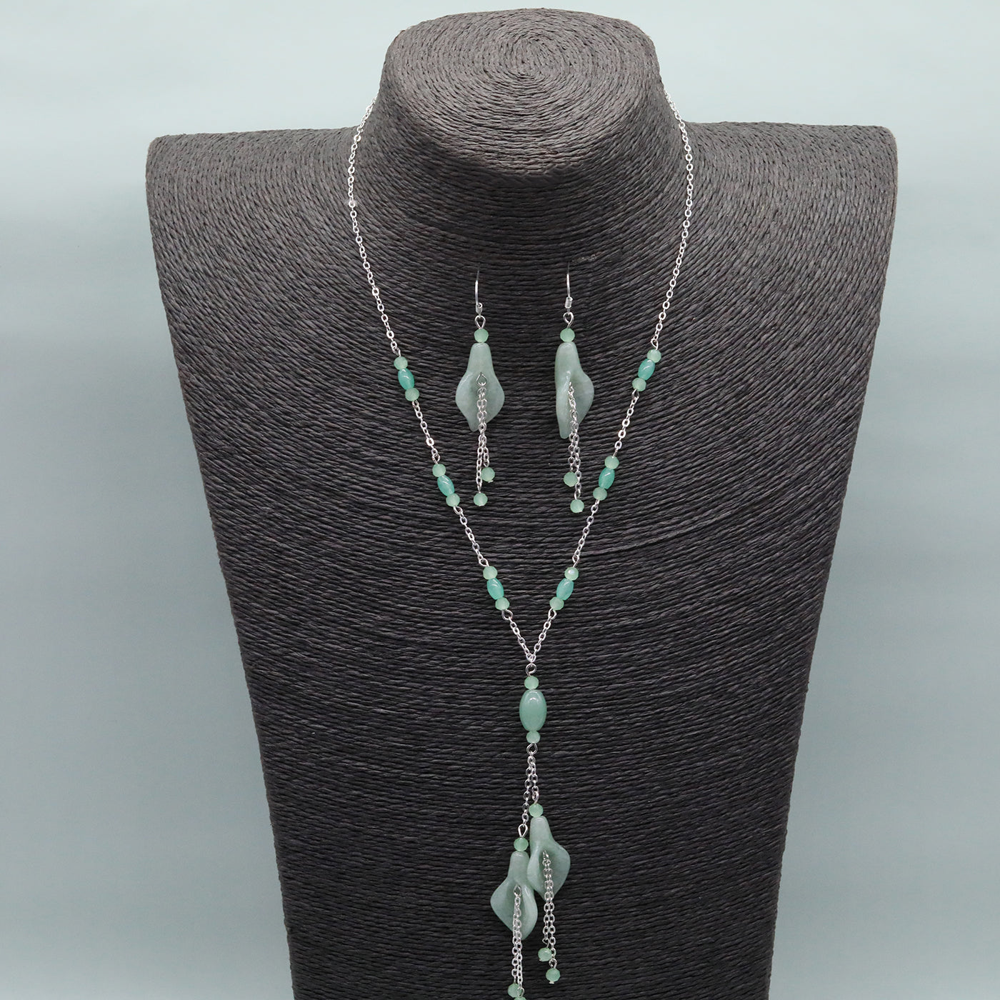 Handcrafted green trumpet shape stone Necklace Earrings Jewelry set Boho style Stone jewelry set Gift suitable for wedding party Holiday Valentine's Day[NK-XL2501Green-01]