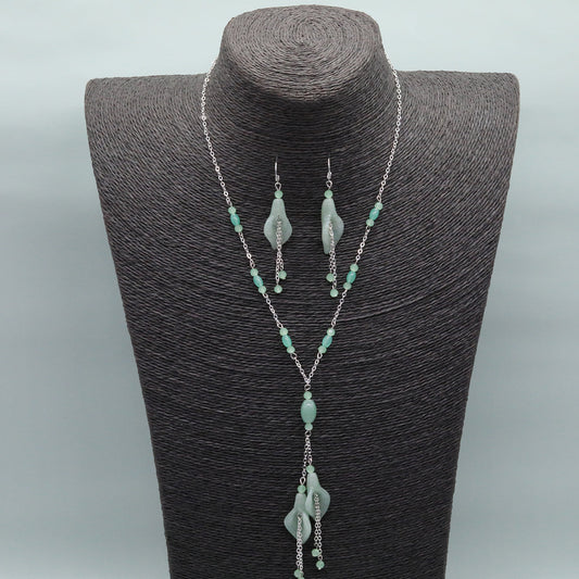 Handcrafted green trumpet shape stone Necklace Earrings Jewelry set Boho style Stone jewelry set Gift suitable for wedding party Holiday Valentine's Day[NK-XL2501Green-01]