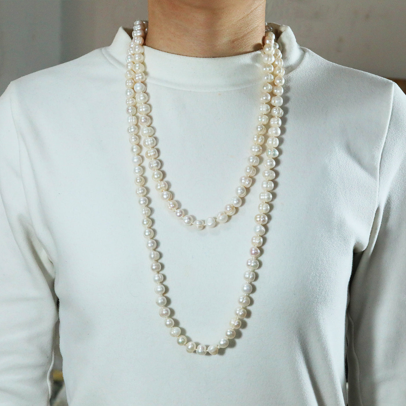 Palace style 55.1inch long white natural pearl necklace, 9-10mm real white freshwater pearl, freshwater pearl sweater chain, suitable for parties and banquets, ideal Valentine's Day gift【XL-2501White-05】