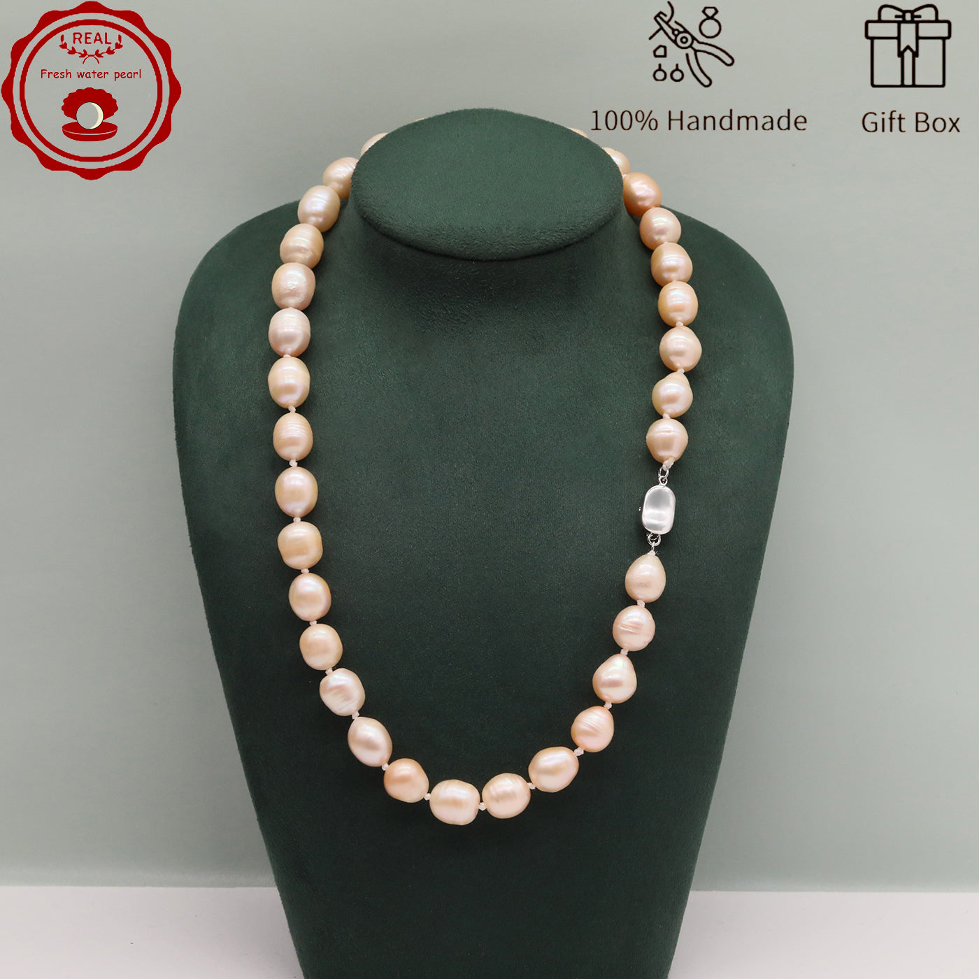 Elegant 16.5" Pink Freshwater Pearl Necklace - Handcrafted, 10mm Beads with Gift Box - Perfect for Casual Attire & Special Occasions