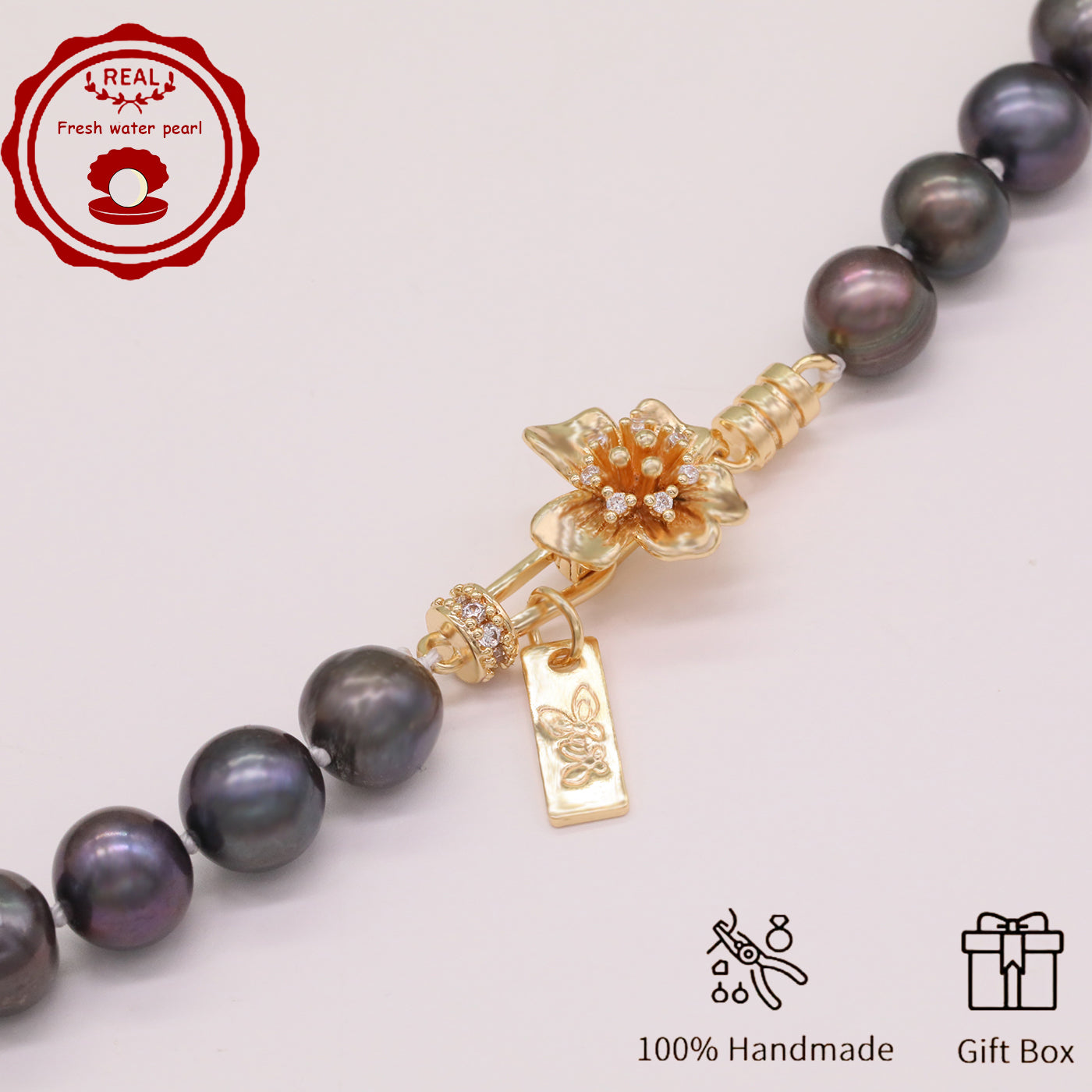 Handmade 18.5inch real 8-9mm purple colored freshwater Pearl necklace with flower clapper for freshwater pearl necklace with gift box, Valentine's Day and Thanksgiving gifts, perfect for everyday, birthday parties【XL-2411Purple-008】