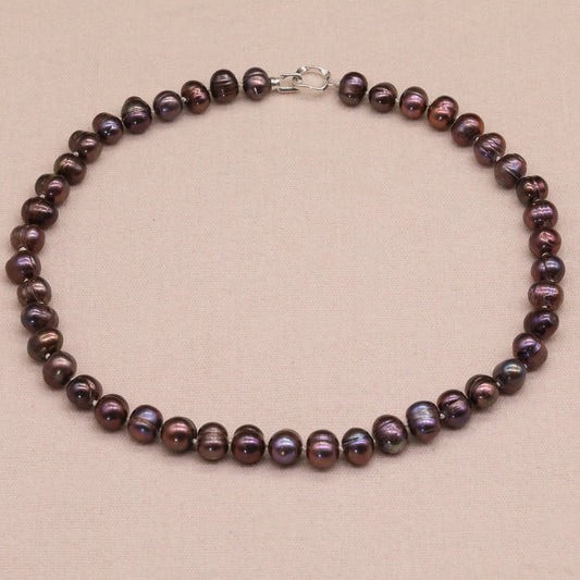 Vintage Boho Freshwater Pearl Necklace with 925 Silver Clasp, June Birthstone Elegant Jewelry, No Plating, Ideal for Gifts – Versatile Accessory for Parties【NK-XL2501Brown-01】