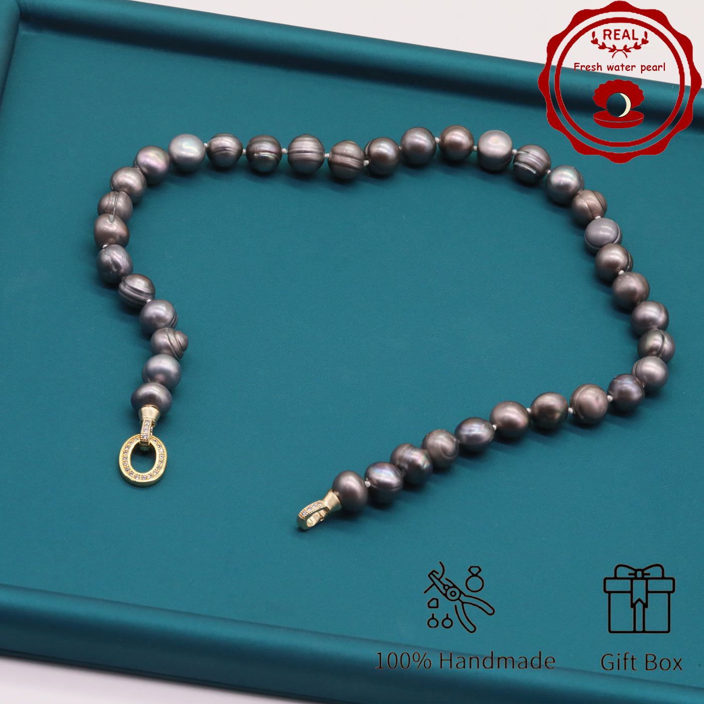 100% handmade authentic 10-11mm grey natural Freshwater Pearl necklace Elegant 17.7inch long men's and women's luxury freshwater pearl necklace with gift box, perfect for everyday, wedding and birthday parties, ideal for Christmas, Valentine's Day