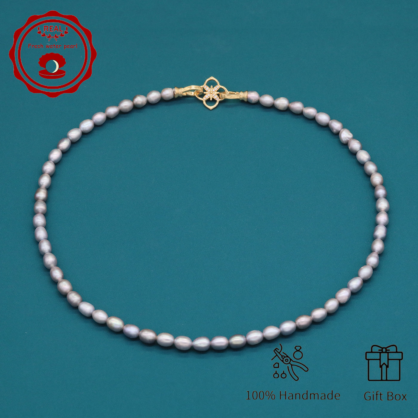 Elegant Handcrafted Gray Freshwater Pearl Necklace with Golden-Embellished Butterfly Clasp, Perfect for Daily Wear & Special Occasions, Includes Gift Box
