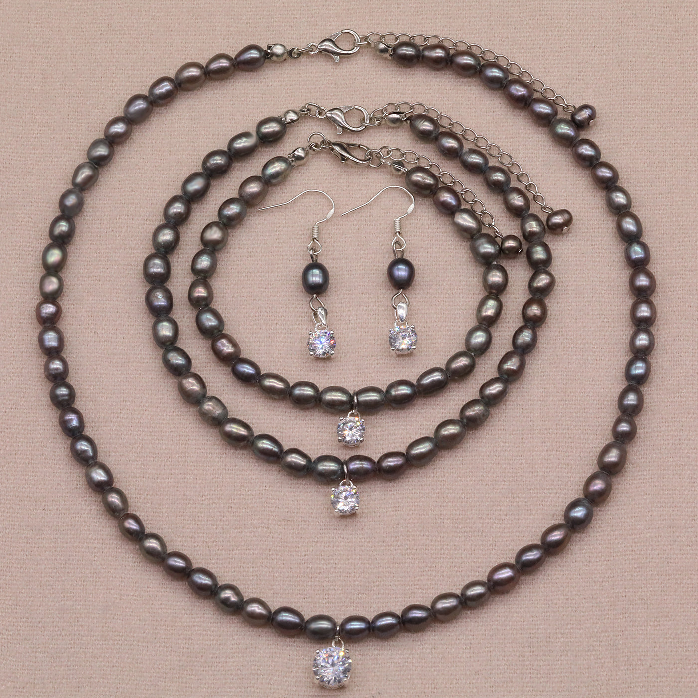 Exquisite Fresh Water Pearl with Zircon Necklace Earrings Bracelet Anklet Four piece Set  ideal for Christmas, Valentine's Day and Thanksgiving gifts, suitable for everyday, wedding and birthday[NK-XL2501-silver-01]