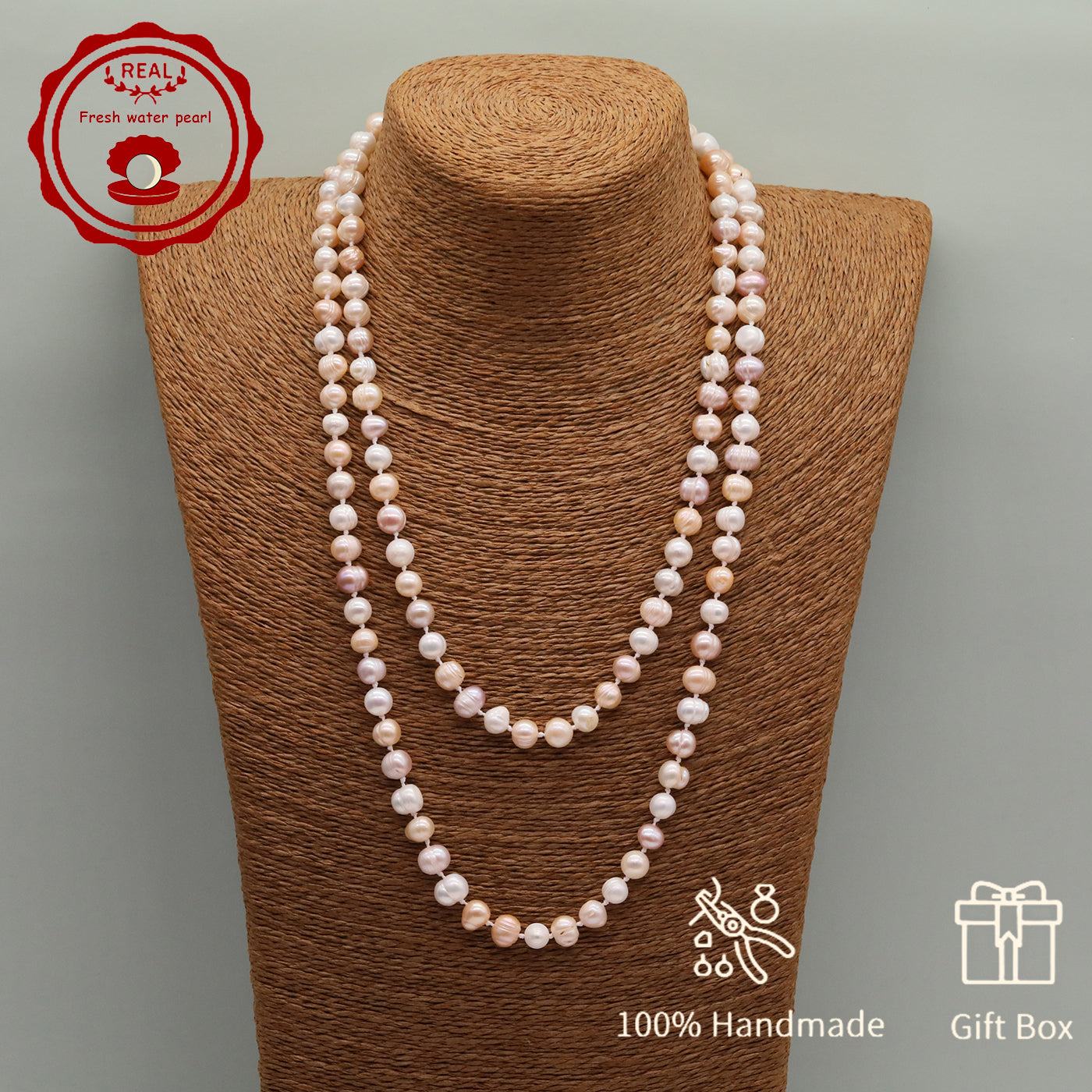 An elegant 47.2inch long pink and white 7-8mm freshwater pearl long necklace Luxury freshwater pearl sweater chain with gift box, perfect for everyday, birthday parties and anniversaries, great gifts for Christmas, Valentine's Day and Thanksgiving