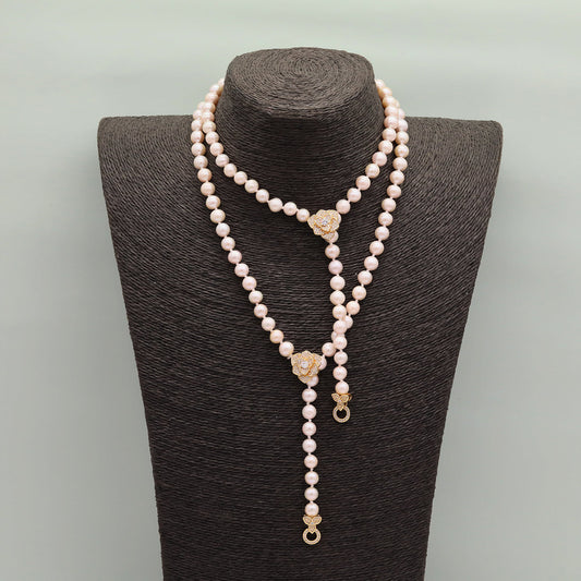 Elegant 7-8cm round real white natural pearl necklace with floral clasp and retractable chain - Ladies versatile fashion necklace for everyday wear and special occasions, ideal gift for  loved ones and mothers, with gift box[XL-2501White-01]