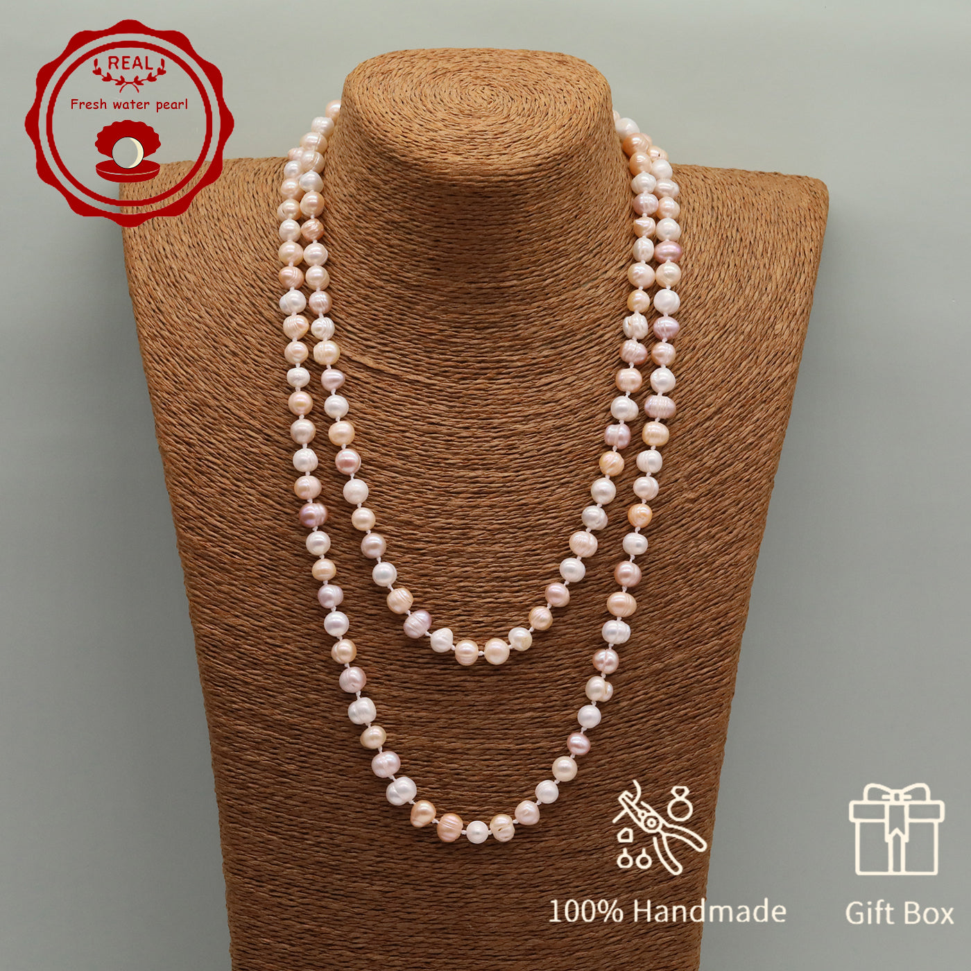 An elegant 47.2inch long pink and white 7-8mm freshwater pearl long necklace  pearl sweater chain with gift box, perfect for everyday, birthday parties and anniversaries, great gifts for Valentine's Day [XL-2412pink-02]