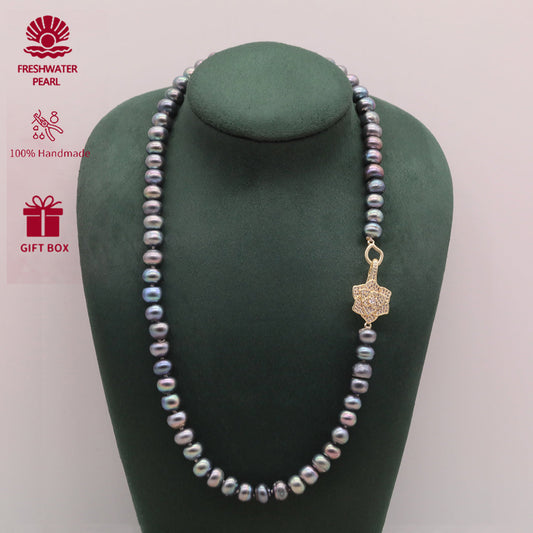 100% handmade 8-9mm grey natural Freshwater Pearl Necklace  Freshwater Pearl necklace with flower clapper perfect for Christmas, Valentine's Day gifts, attached gift box, perfect for everyday, wedding, anniversary[XL-2412sliver-01]