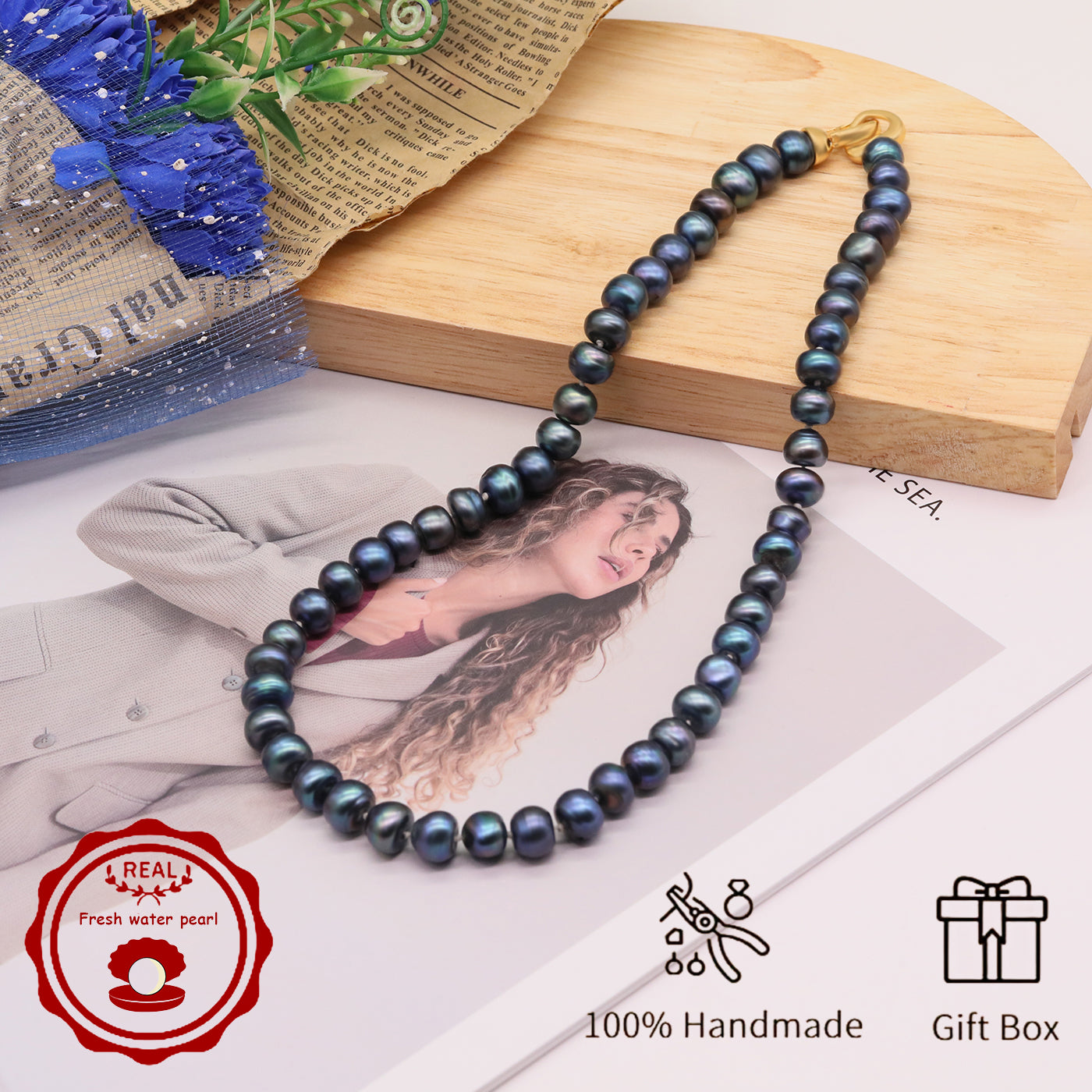 Elegant 18.1-inch Handmade Necklace with Dark Green Natural Pearls, Golden Plated Clasp, Luxurious & Stylish Design, Ideal for Daily Wear & Gifting on Special Occasions like Christmas & Valentine'S Day, Includes Gift Box