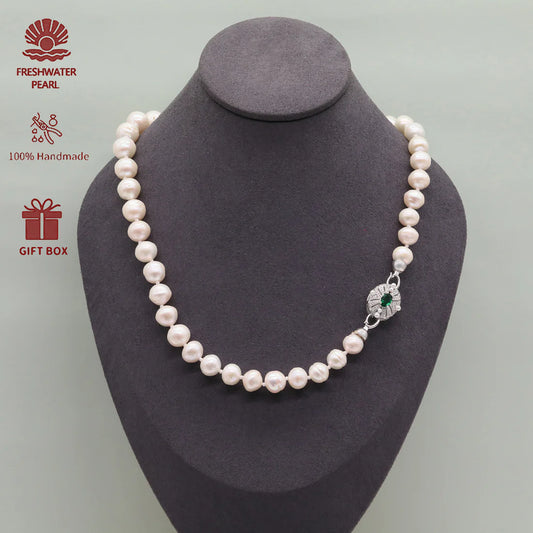 XL-2412WHITE-01  LARGE FRESHWATER 11MM PEARL NECKLACE WITH GREEN STONE CLASP