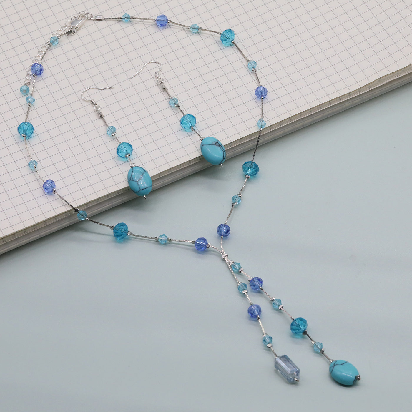 Bohemian Vintage Handcrafted Natural Stone and Crystal Bead Jewelry Set, Unique Boho Stone Necklace and Earrings, Unplated, Daily Wear & Gift, Suitable for All Seasons【NK-XL2501Blue-01】