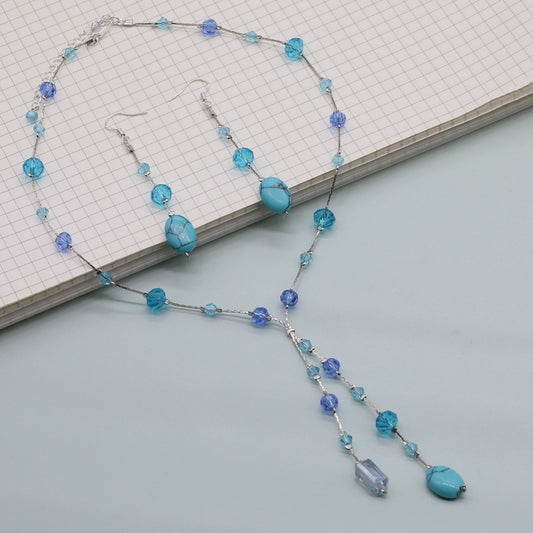Bohemian Vintage Handcrafted Natural Stone and Crystal Bead Jewelry Set, Unique Boho Stone Necklace and Earrings, Unplated, Daily Wear & Gift, Suitable for All Seasons【NK-XL2501Blue-01】