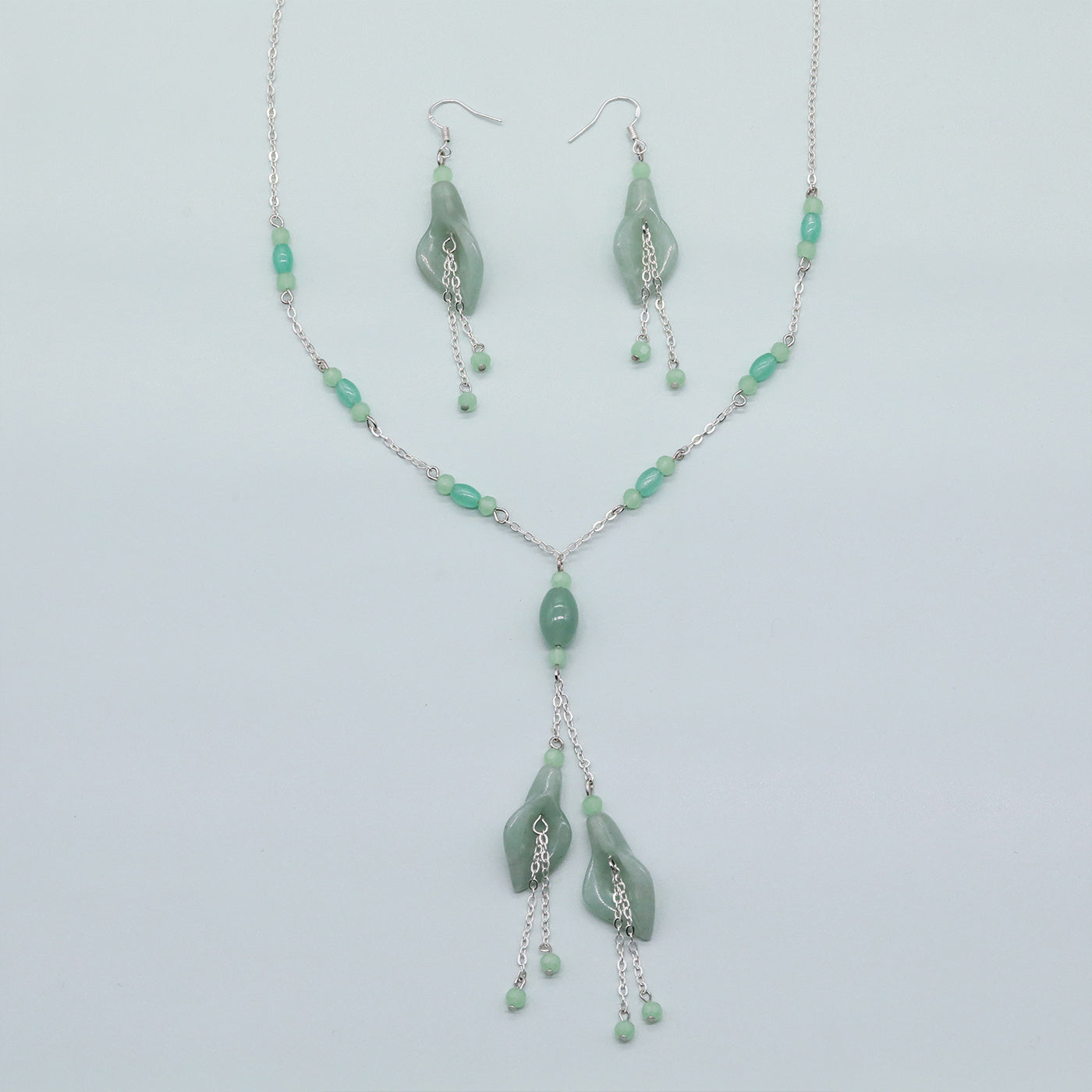 Handcrafted green trumpet shape stone Necklace Earrings Jewelry set Boho style Stone jewelry set Gift suitable for wedding party Holiday Valentine's Day[NK-XL2501Green-01]