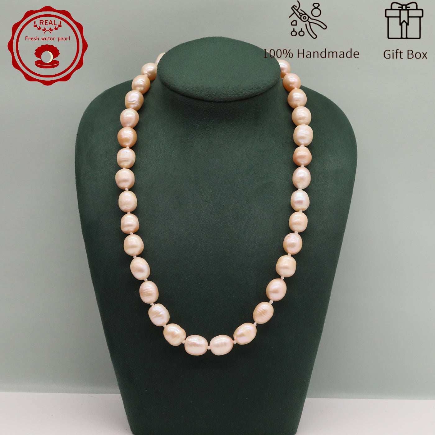 Elegant 16.5" Pink Freshwater Pearl Necklace - Handcrafted, 10mm Beads with Gift Box - Perfect for Casual Attire & Special Occasions