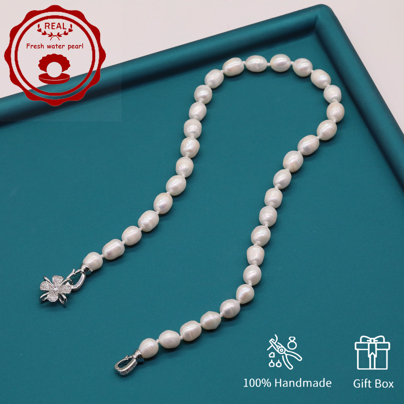 100% Handmade Natural White Freshwater Pearl Necklace Luxury 17.3Inch Long 9Mm White Natural Freshwater Pearl Necklace Comes with a Stylish Flower Clasp Gift Box, Give It to Him/Her, Suitable for Daily/Party/Wedding/Anniversary/Valentine'S Day//Christmas