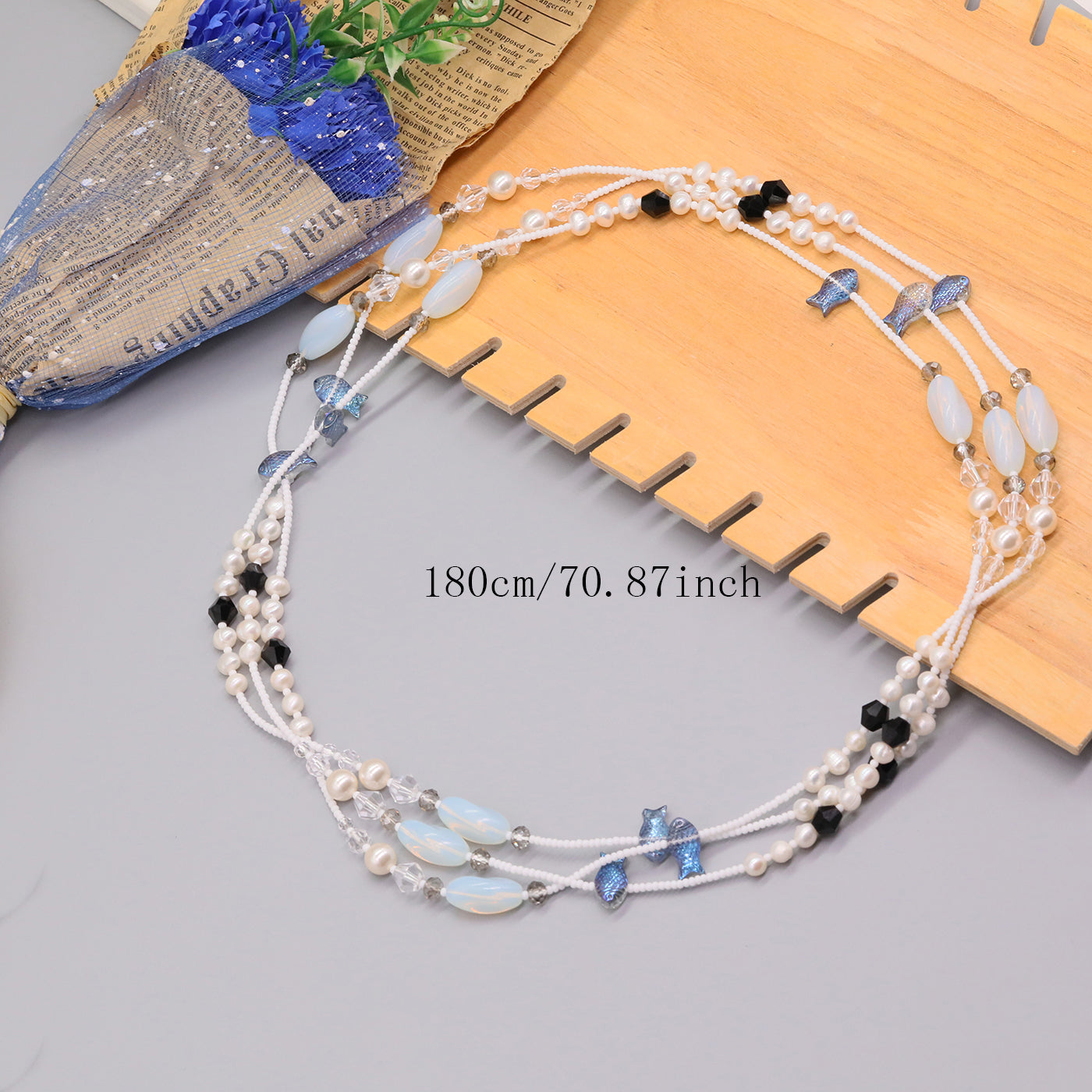100% handmade black and white stone with natural freshwater Pearl long necklace Boho style Handmade long necklace with small fish pendant Fashion sweater chain  Suitable for  Valentine's Day【NK-XL2501Black-02】