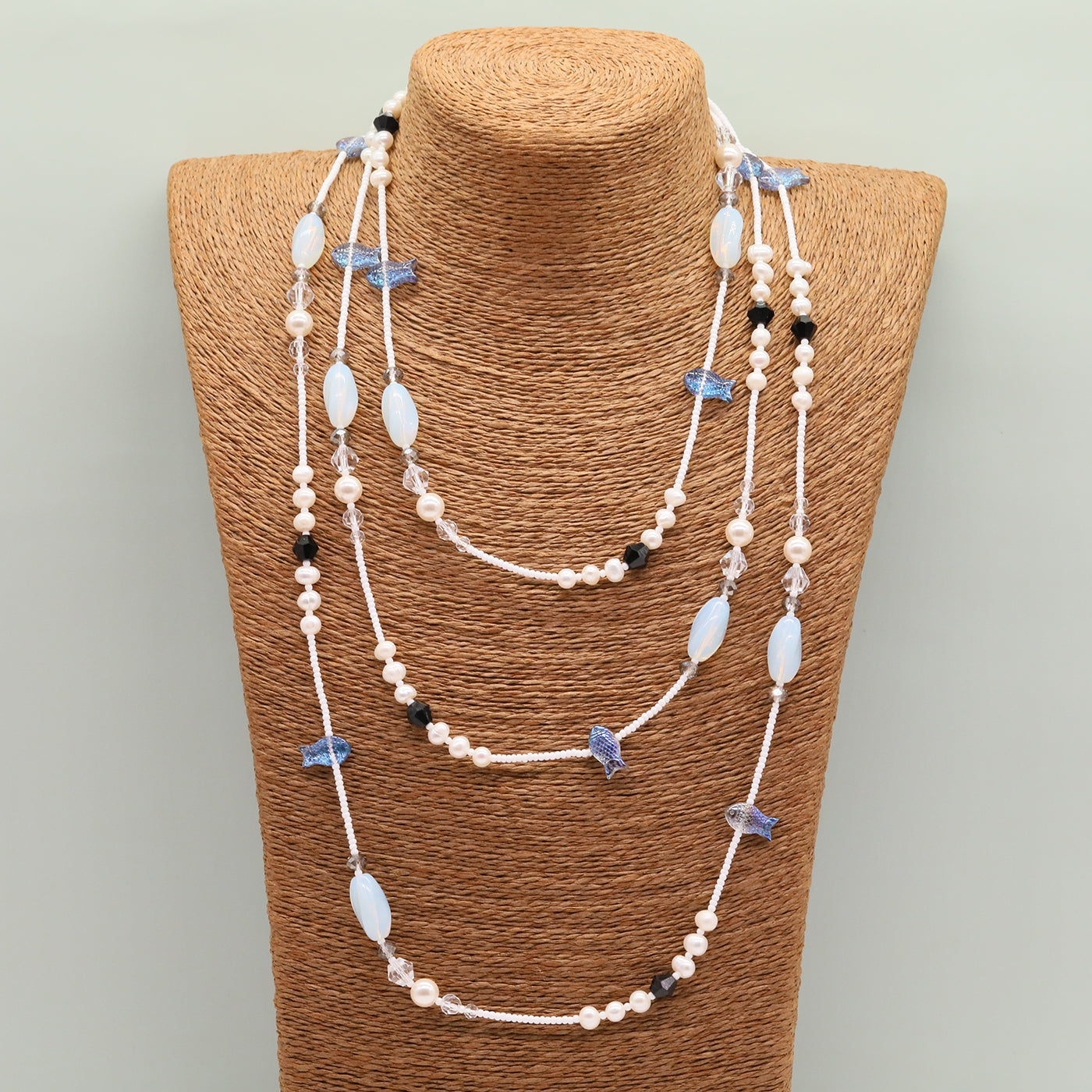 100% handmade black and white stone with natural freshwater Pearl long necklace Boho style Handmade long necklace with small fish pendant Fashion sweater chain  Suitable for  Valentine's Day【NK-XL2501Black-02】