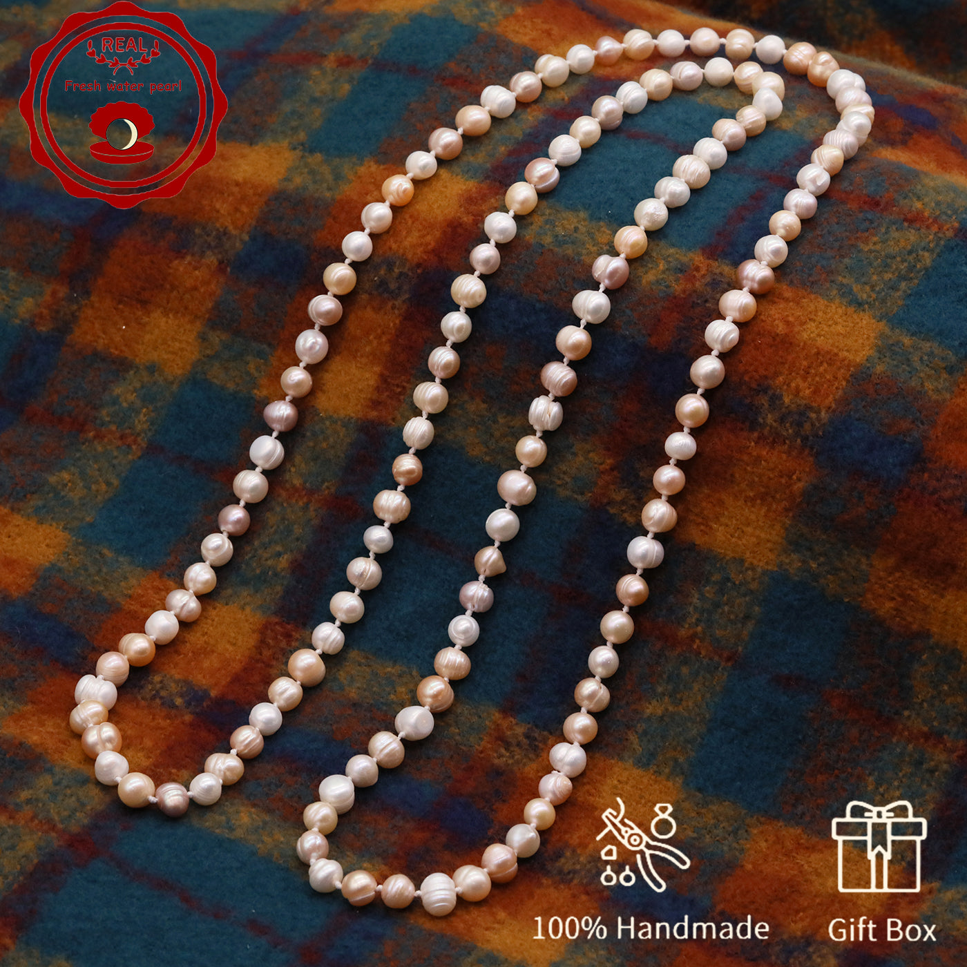 An elegant 47.2inch long pink and white 7-8mm freshwater pearl long necklace Luxury freshwater pearl sweater chain with gift box, perfect for everyday, birthday parties and anniversaries, great gifts for Christmas, Valentine's Day and Thanksgiving