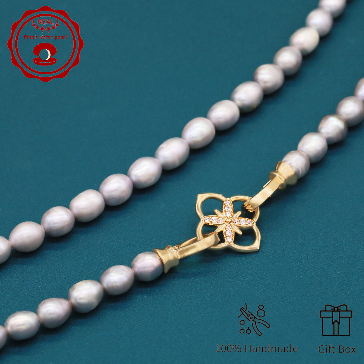 Elegant Handcrafted Gray Freshwater Pearl Necklace with Golden-Embellished Butterfly Clasp, Perfect for Daily Wear & Special Occasions, Includes Gift Box