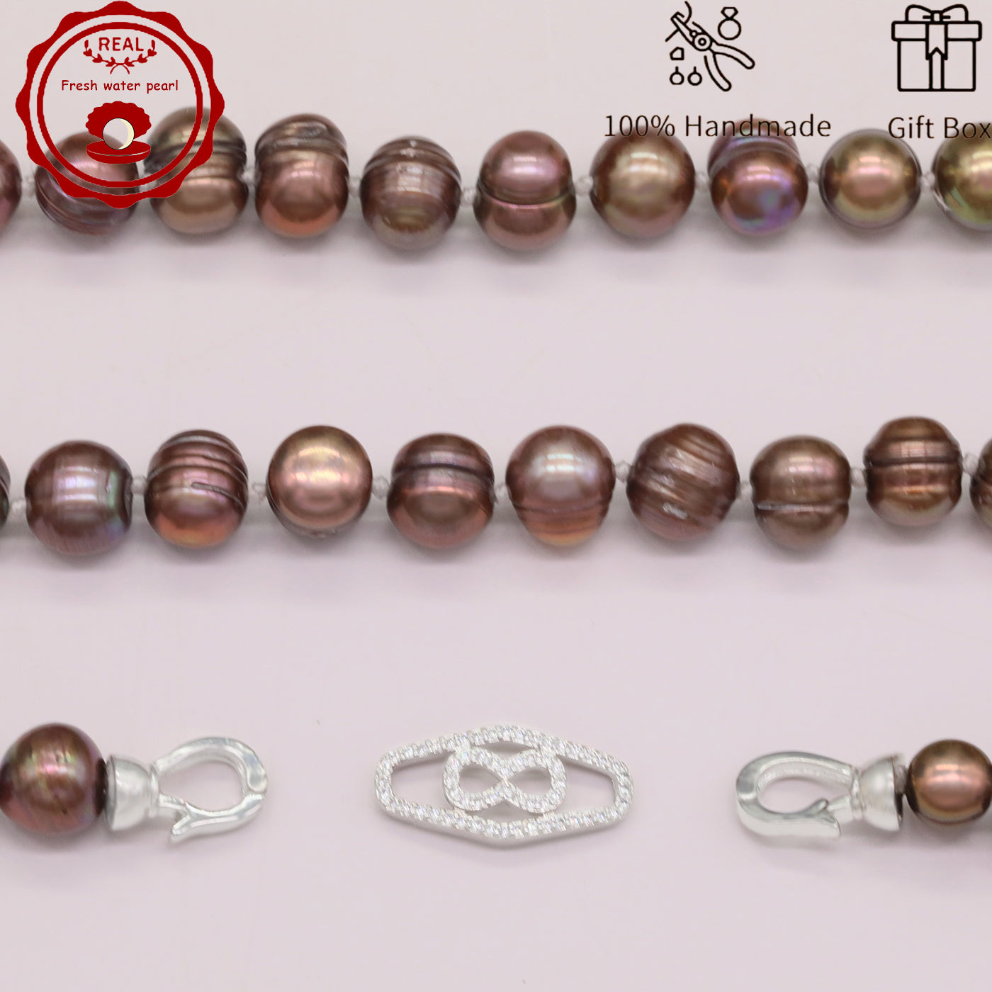 Luxurious 19.7inch long brown colored natural Freshwater Pearl with silver plated diamond button 100% handmade stylish 9mm natural freshwater pearl necklace with gift box perfect for everyday【XL-2411GOLDen-001】