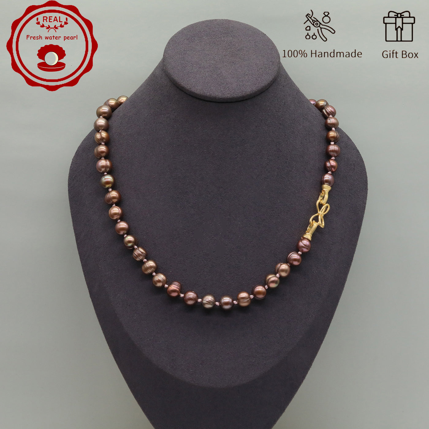 Luxury 19.5" Elegant Natural Brown Color-Freshwater Pearl Necklace, 100% Handcrafted, 10mm Pearls, with Golden Butterfly Clasp, Gift Box Included, for Daily Wear & Special Occasions, Ideal for Gifting