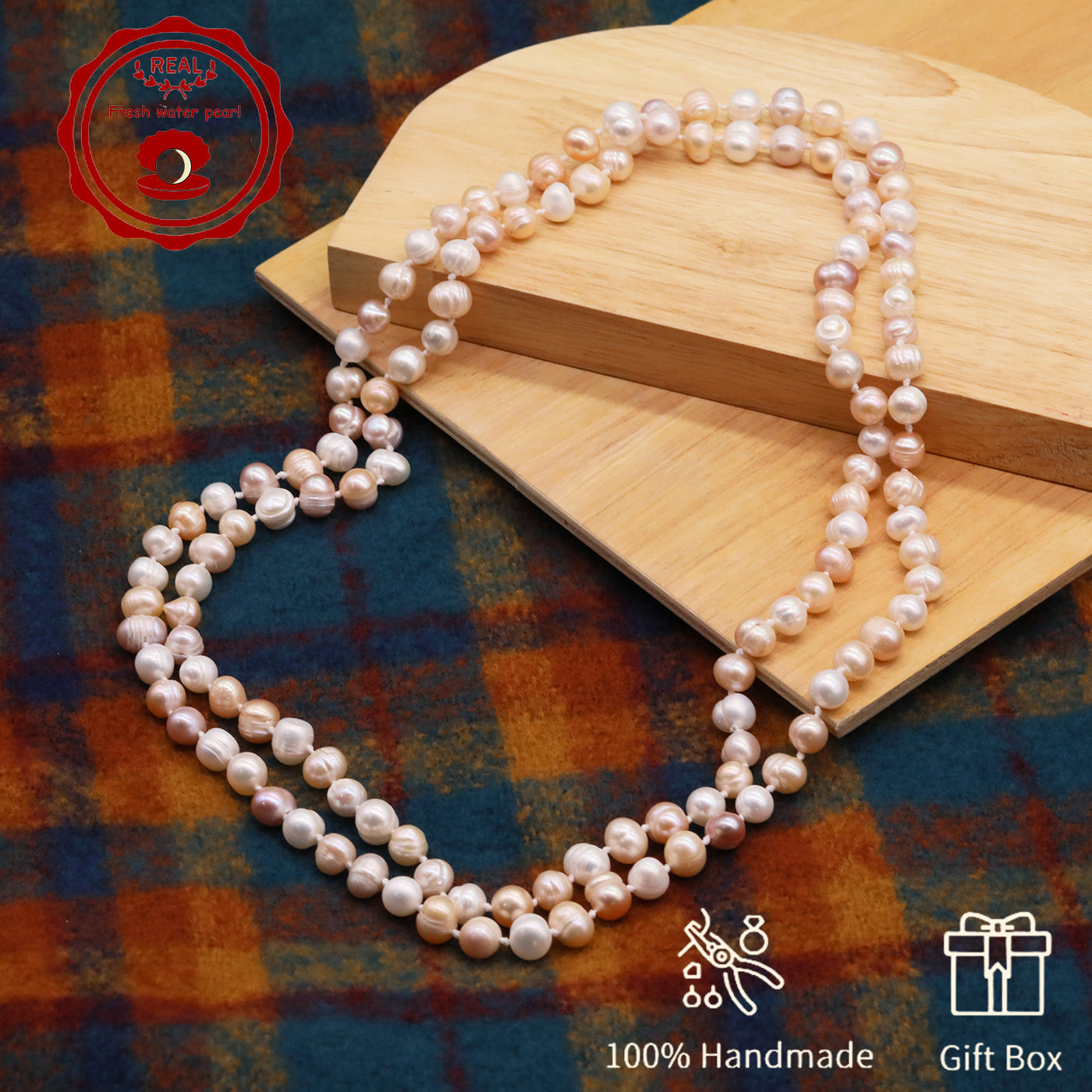 An elegant 47.2inch long pink and white 7-8mm freshwater pearl long necklace Luxury freshwater pearl sweater chain with gift box, perfect for everyday, birthday parties and anniversaries, great gifts for Christmas, Valentine's Day and Thanksgiving