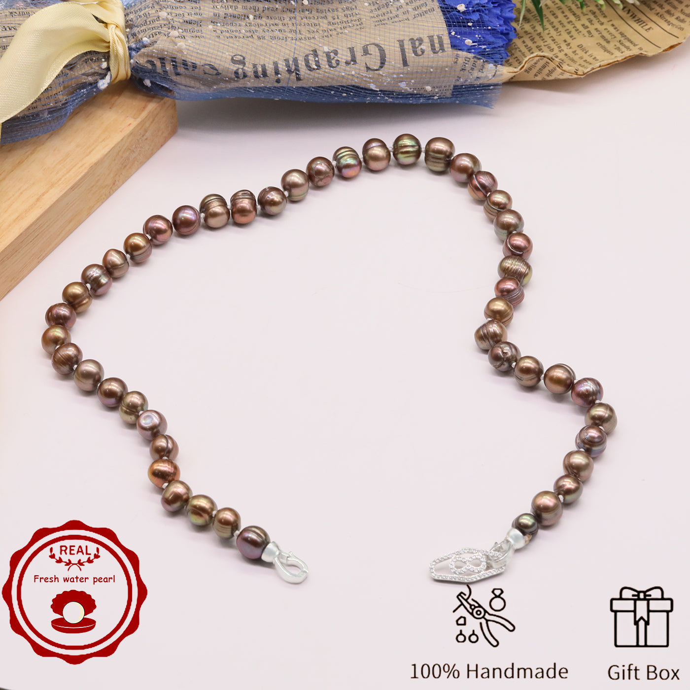 Luxurious 19.7inch long brown colored natural Freshwater Pearl with silver plated diamond button 100% handmade stylish 9mm natural freshwater pearl necklace with gift box perfect for everyday【XL-2411GOLDen-001】