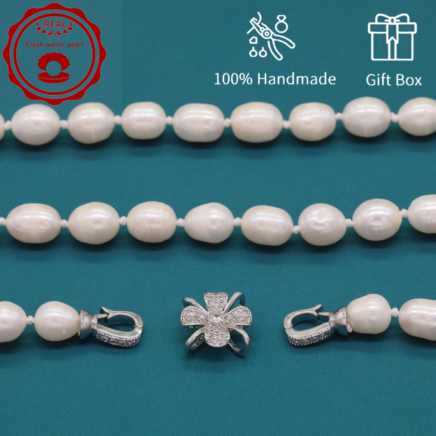 100% Handmade Natural White Freshwater Pearl Necklace Luxury 17.3Inch Long 9Mm White Natural Freshwater Pearl Necklace Comes with a Stylish Flower Clasp Gift Box, Give It to Him/Her, Suitable for Daily/Party/Wedding/Anniversary/Valentine'S Day//Christmas