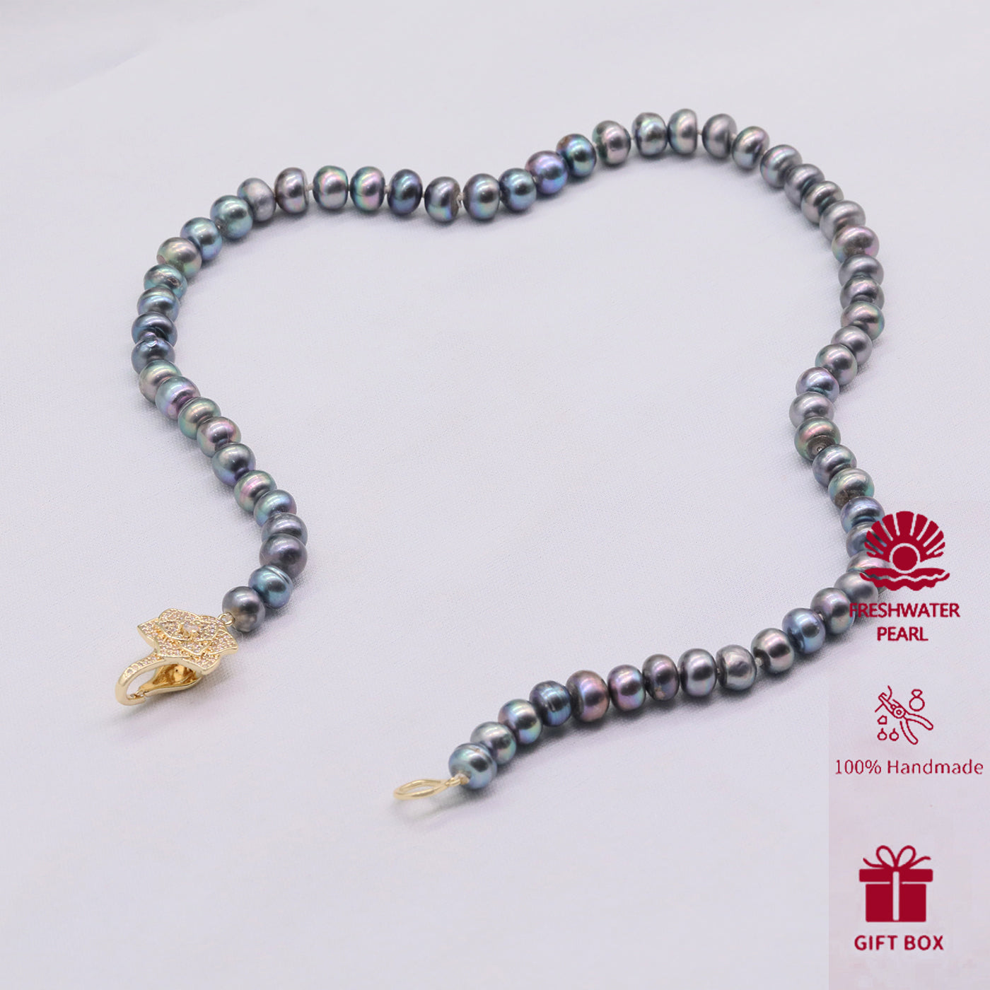 100% handmade 8-9mm grey natural Freshwater Pearl Necklace  Freshwater Pearl necklace with flower clapper perfect for Christmas, Valentine's Day gifts, attached gift box, perfect for everyday, wedding, anniversary[XL-2412sliver-01]