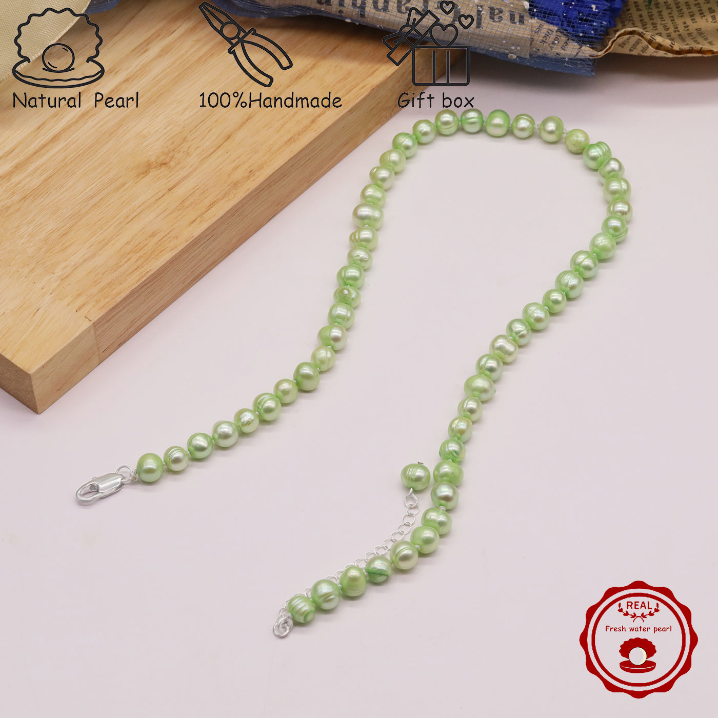 16.9Inch 8-9Mm Luxury Green Natural Freshwater Pearl Necklace, 100% Handmade, Elegant Fashion Jewelry for Him/Her, Suitable for Daily, Party, Wedding, Anniversary, Valentine'S Day, Halloween, Christmas, Thanksgiving, New Year Gift