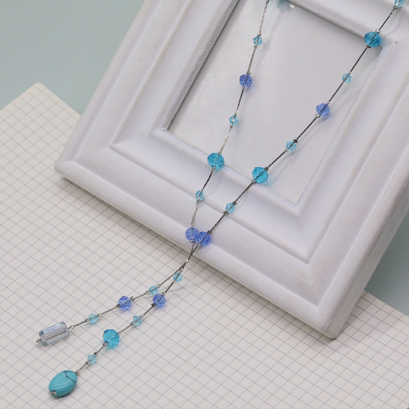 Bohemian Vintage Handcrafted Natural Stone and Crystal Bead Jewelry Set, Unique Boho Stone Necklace and Earrings, Unplated, Daily Wear & Gift, Suitable for All Seasons【NK-XL2501Blue-01】