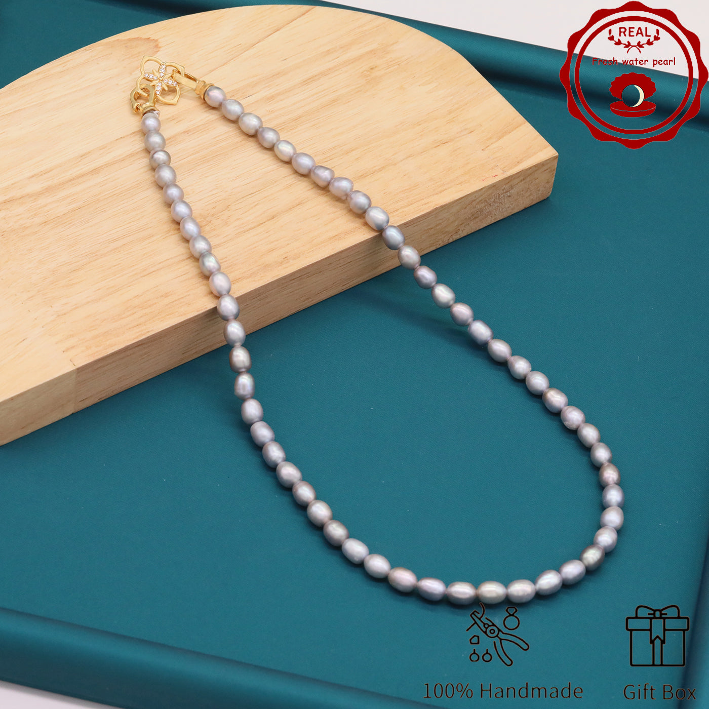 Elegant Handcrafted Gray Freshwater Pearl Necklace with Golden-Embellished Butterfly Clasp, Perfect for Daily Wear & Special Occasions, Includes Gift Box
