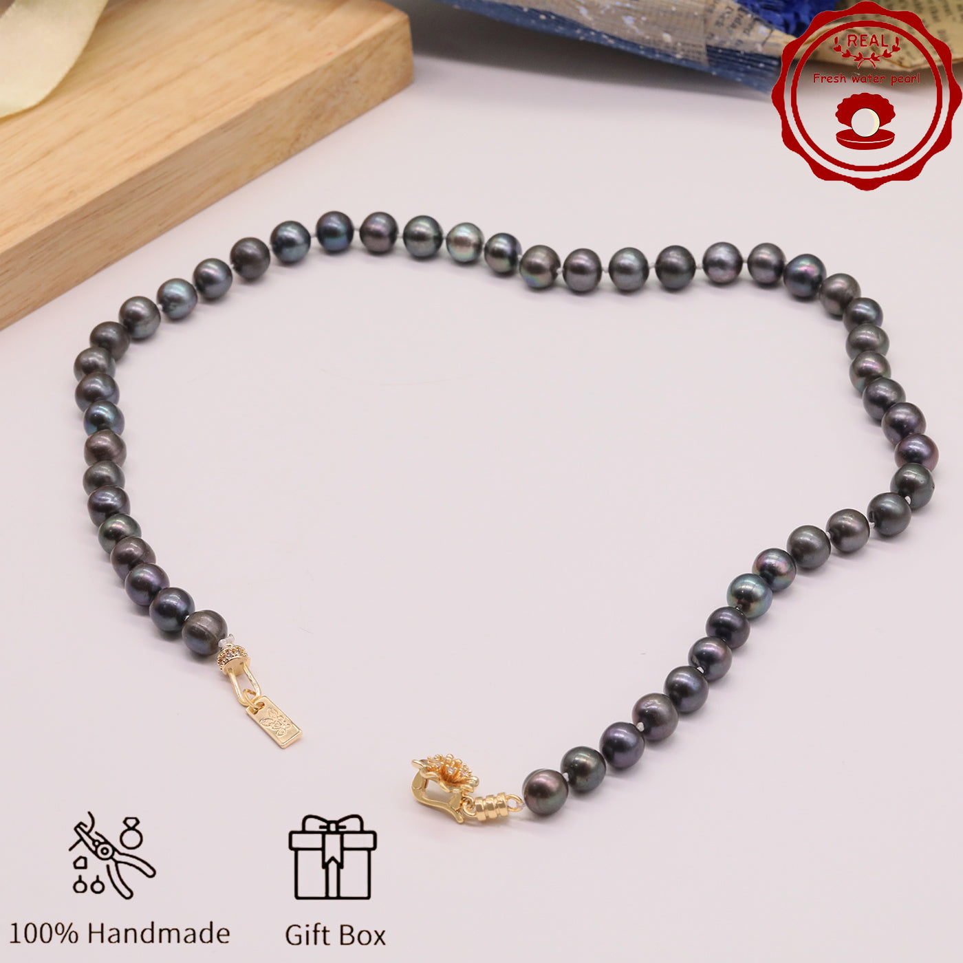 Handmade 18.5inch real 8-9mm purple colored freshwater Pearl necklace with flower clapper for freshwater pearl necklace with gift box, Valentine's Day and Thanksgiving gifts, perfect for everyday, birthday parties【XL-2411Purple-008】