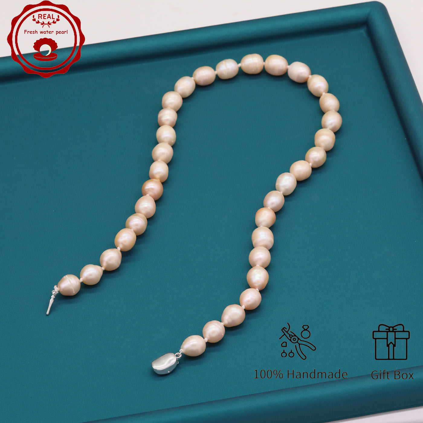 Elegant 16.5" Pink Freshwater Pearl Necklace - Handcrafted, 10mm Beads with Gift Box - Perfect for Casual Attire & Special Occasions