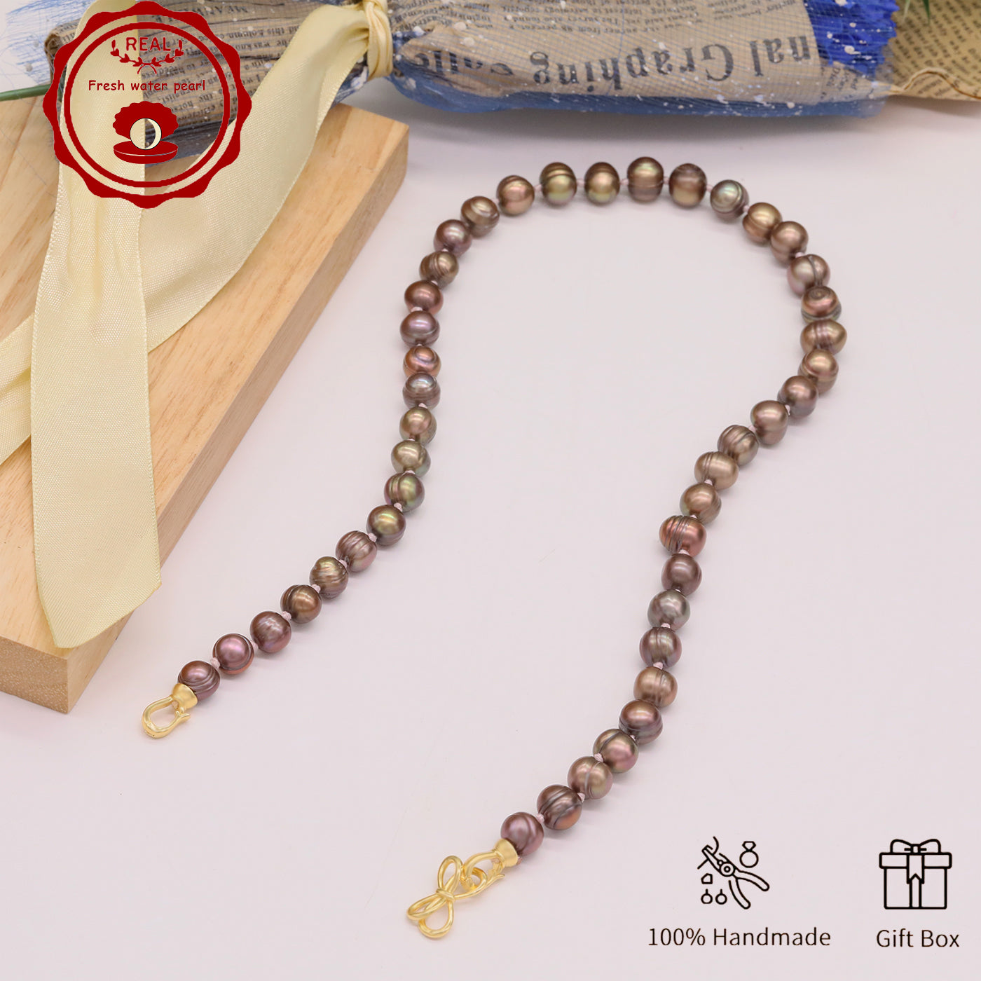 Luxury 19.5" Elegant Natural Brown Color-Freshwater Pearl Necklace, 100% Handcrafted, 10mm Pearls, with Golden Butterfly Clasp, Gift Box Included, for Daily Wear & Special Occasions, Ideal for Gifting