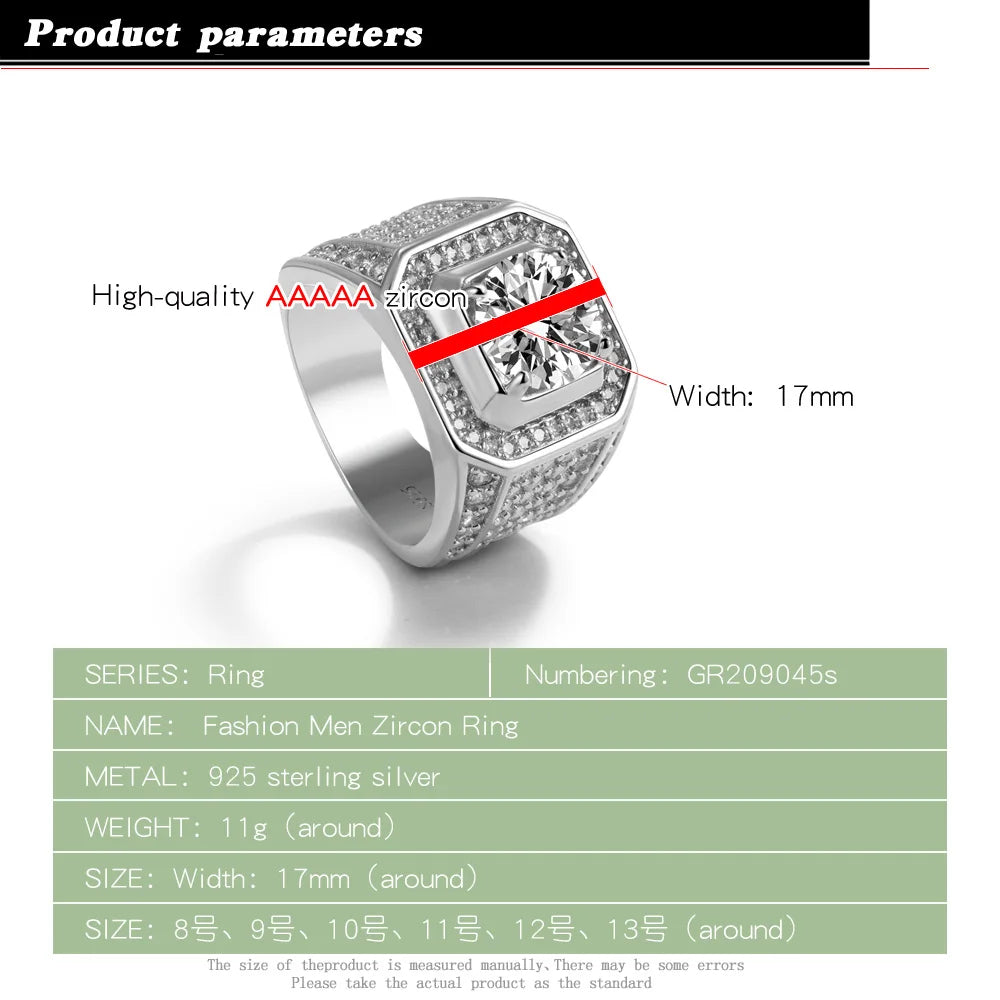 Mens quality sterling silver 5 ctw cz ring