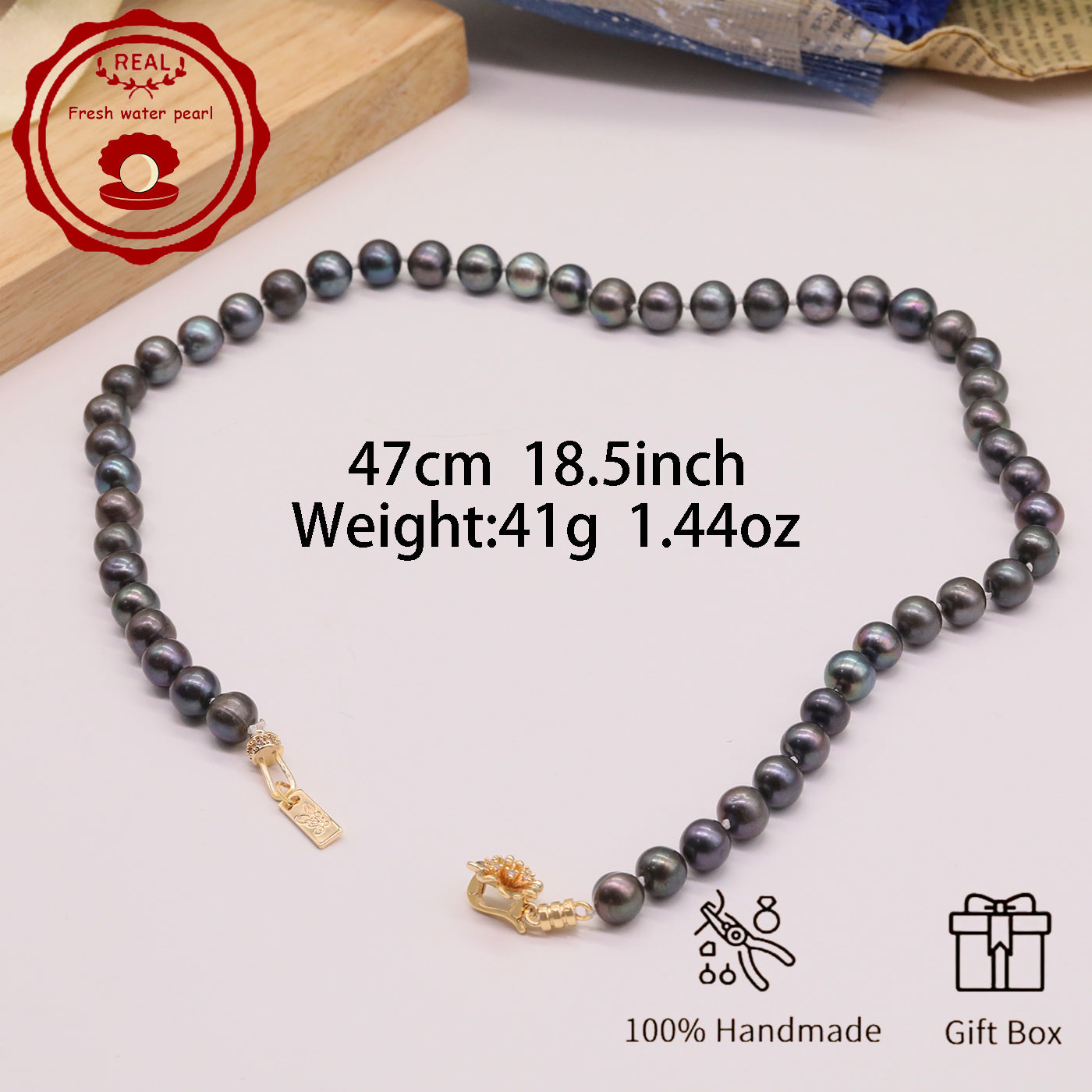 Handmade 18.5inch real 8-9mm purple colored freshwater Pearl necklace Elegant with flower clapper for men and women freshwater pearl necklace with gift box, nice Christmas, Valentine's Day and Thanksgiving gifts, perfect for everyday, birthday parties