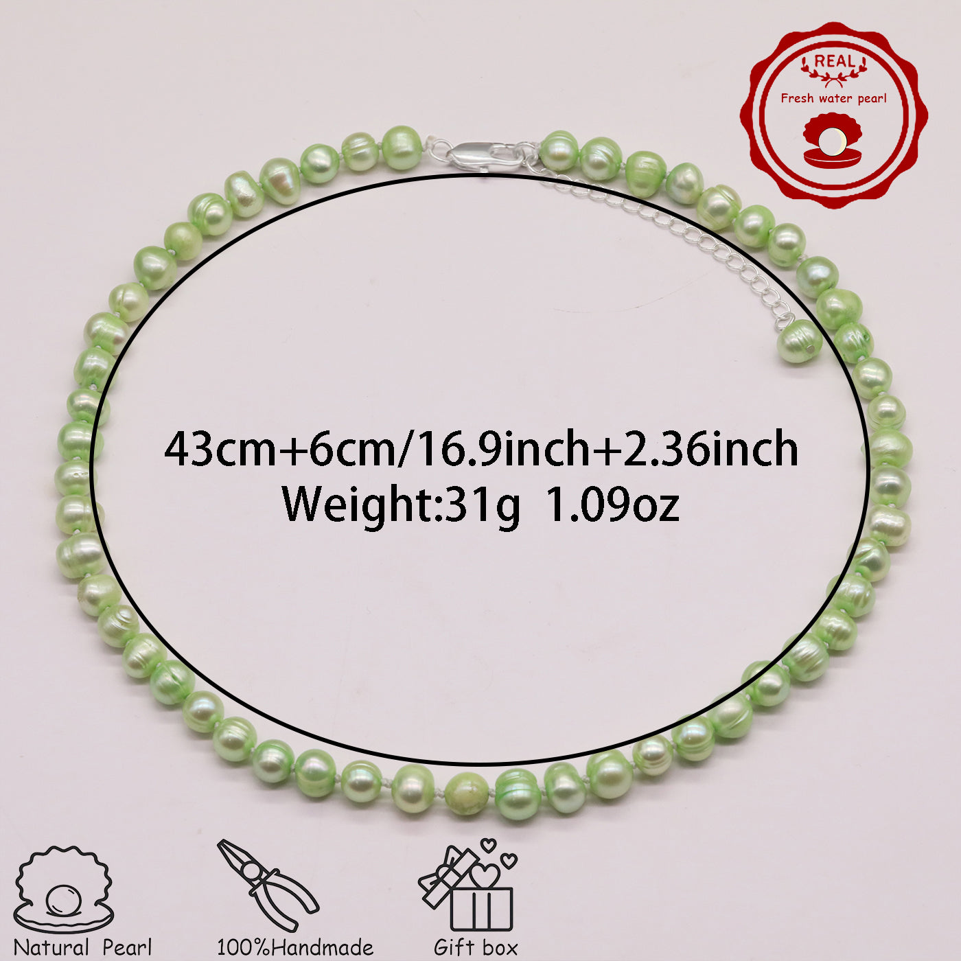 16.9Inch 8-9Mm Luxury Green Natural Freshwater Pearl Necklace, 100% Handmade, Elegant Fashion Jewelry for Him/Her, Suitable for Daily, Party, Wedding, Anniversary, Valentine'S Day, Halloween, Christmas, Thanksgiving, New Year Gift