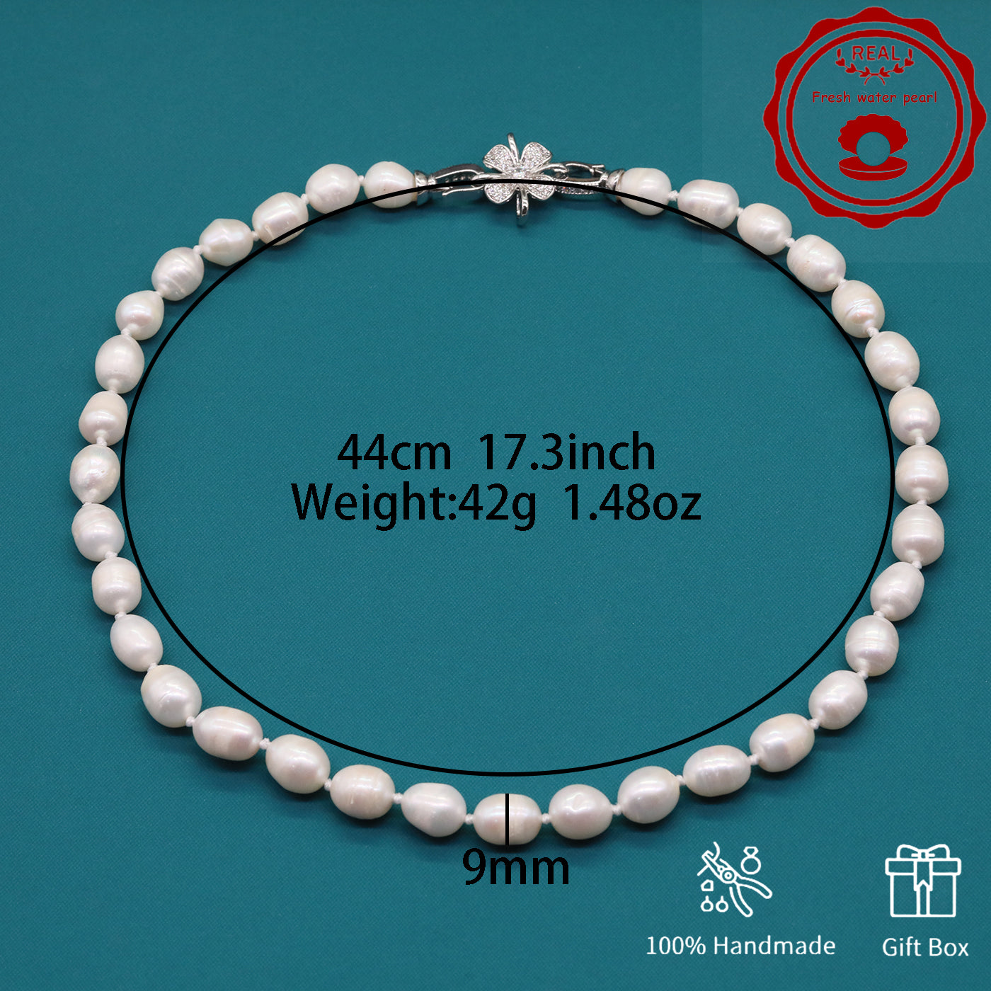 100% Handmade Natural White Freshwater Pearl Necklace Luxury 17.3Inch Long 9Mm White Natural Freshwater Pearl Necklace Comes with a Stylish Flower Clasp Gift Box, Give It to Him/Her, Suitable for Daily/Party/Wedding/Anniversary/Valentine'S Day//Christmas